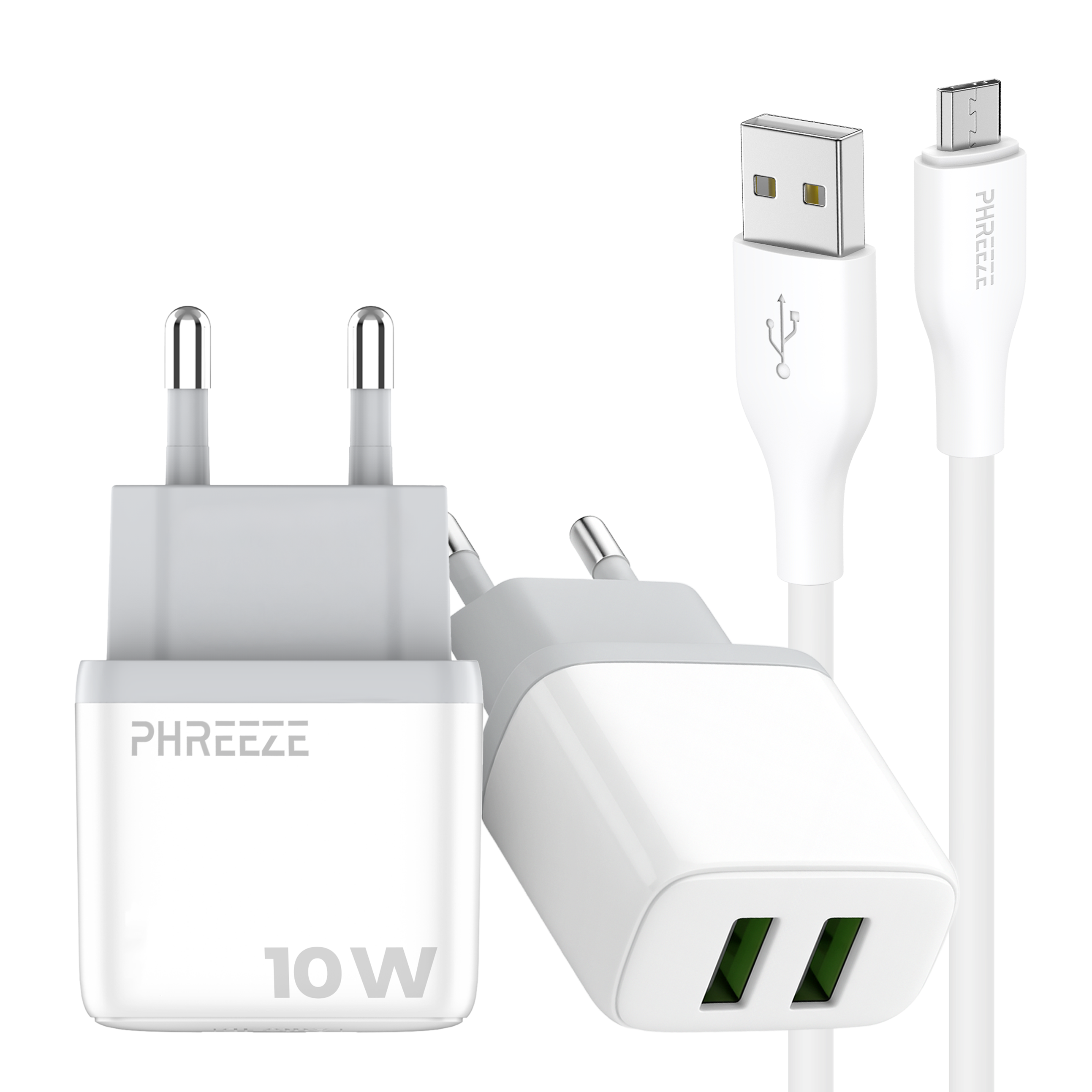 Witte voedingsadapter met twee USB-poorten, een USB-kabel en een micro-USB-kabel, allemaal op een witte achtergrond.