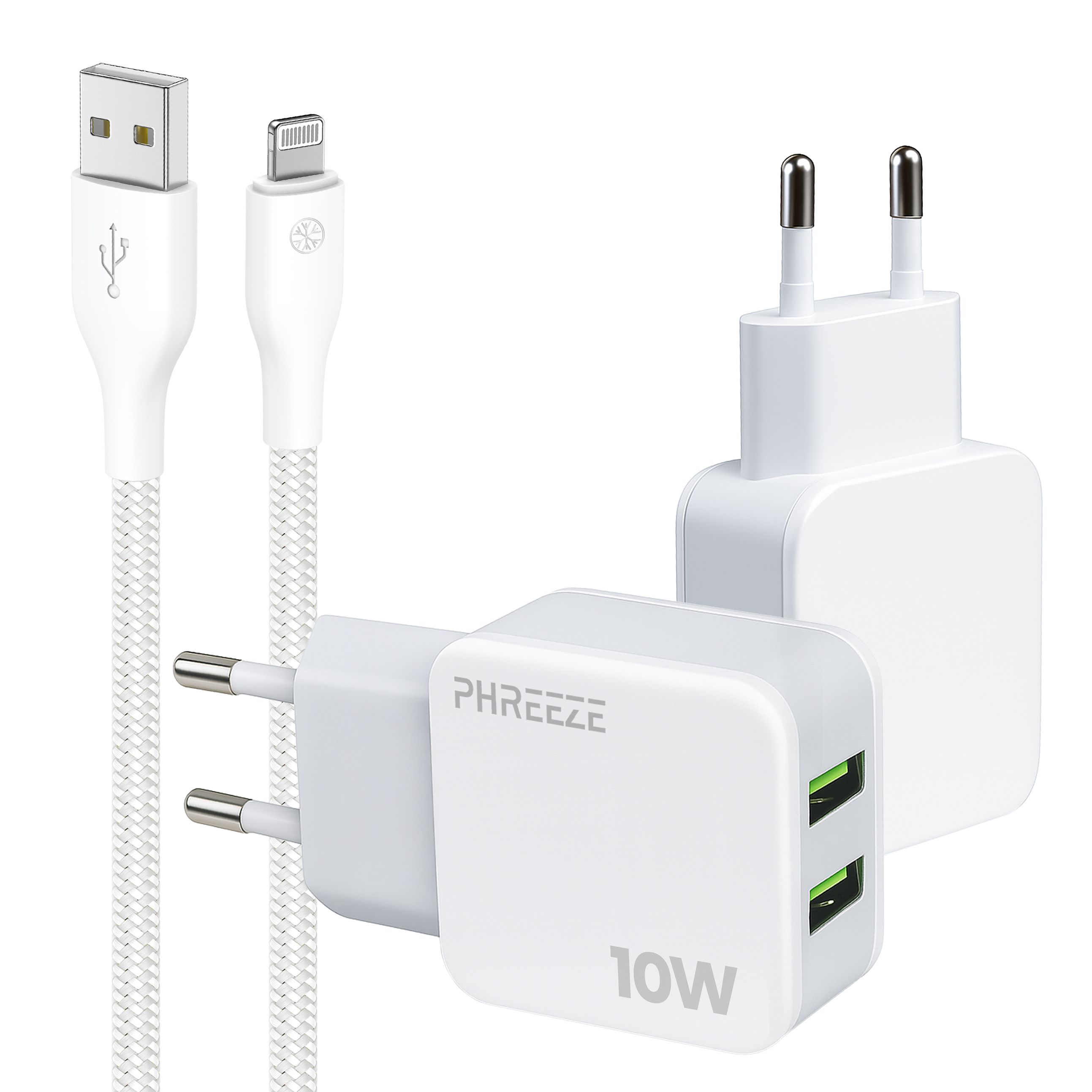 Witte USB- en Lightning-kabels met witte opladers. Opladers hebben twee USB-poorten en het logo "PHREEEZ".