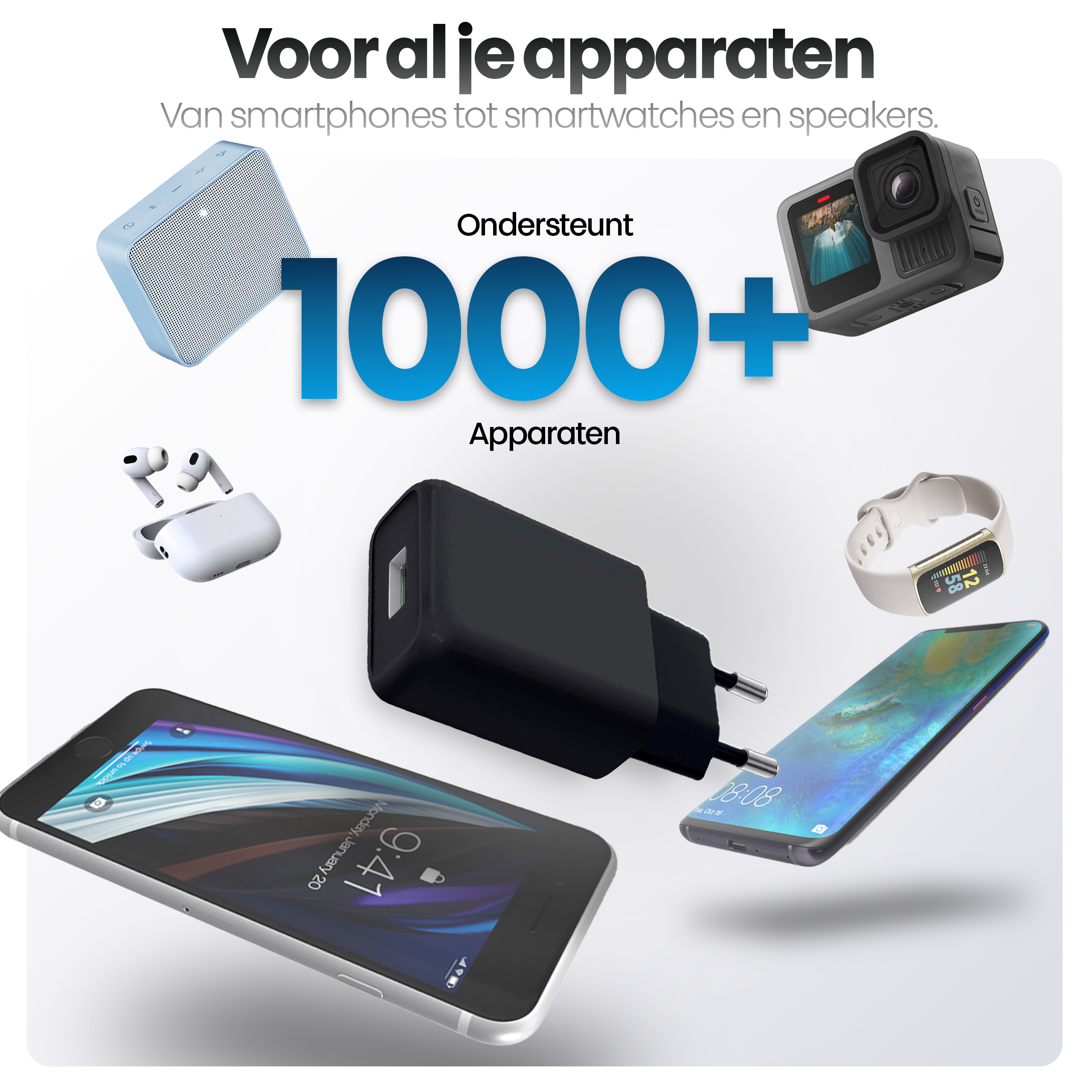 Afbeelding toont apparaten zoals telefoon, luidspreker, camera, smartwatch en oplader met tekst '1000+ Apparaten'.