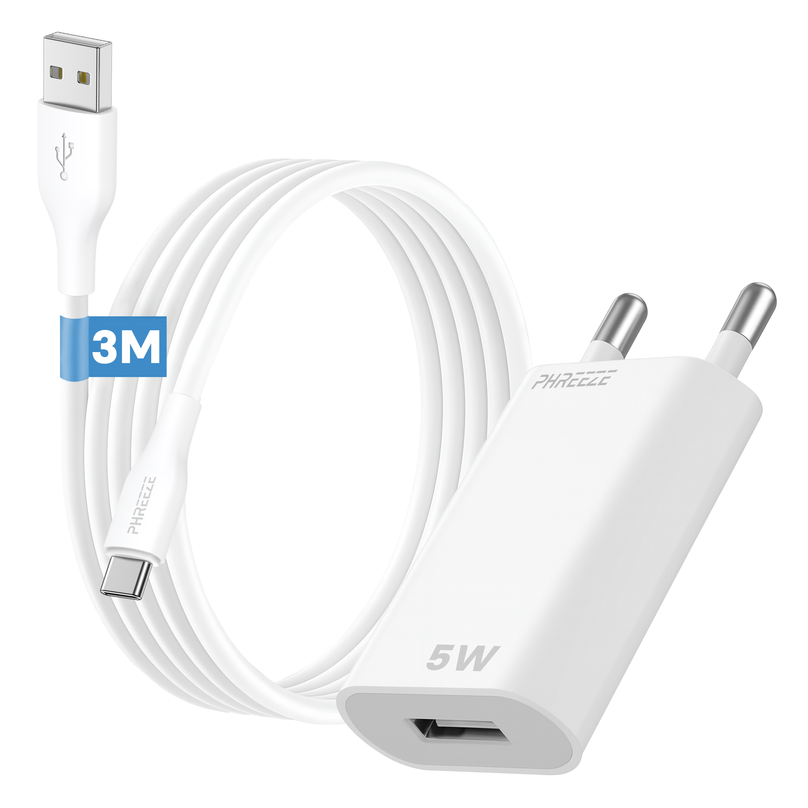 Witte oplader en kabel. Kabel heeft USB- en USB-C-connectoren. De oplader zegt 5W.