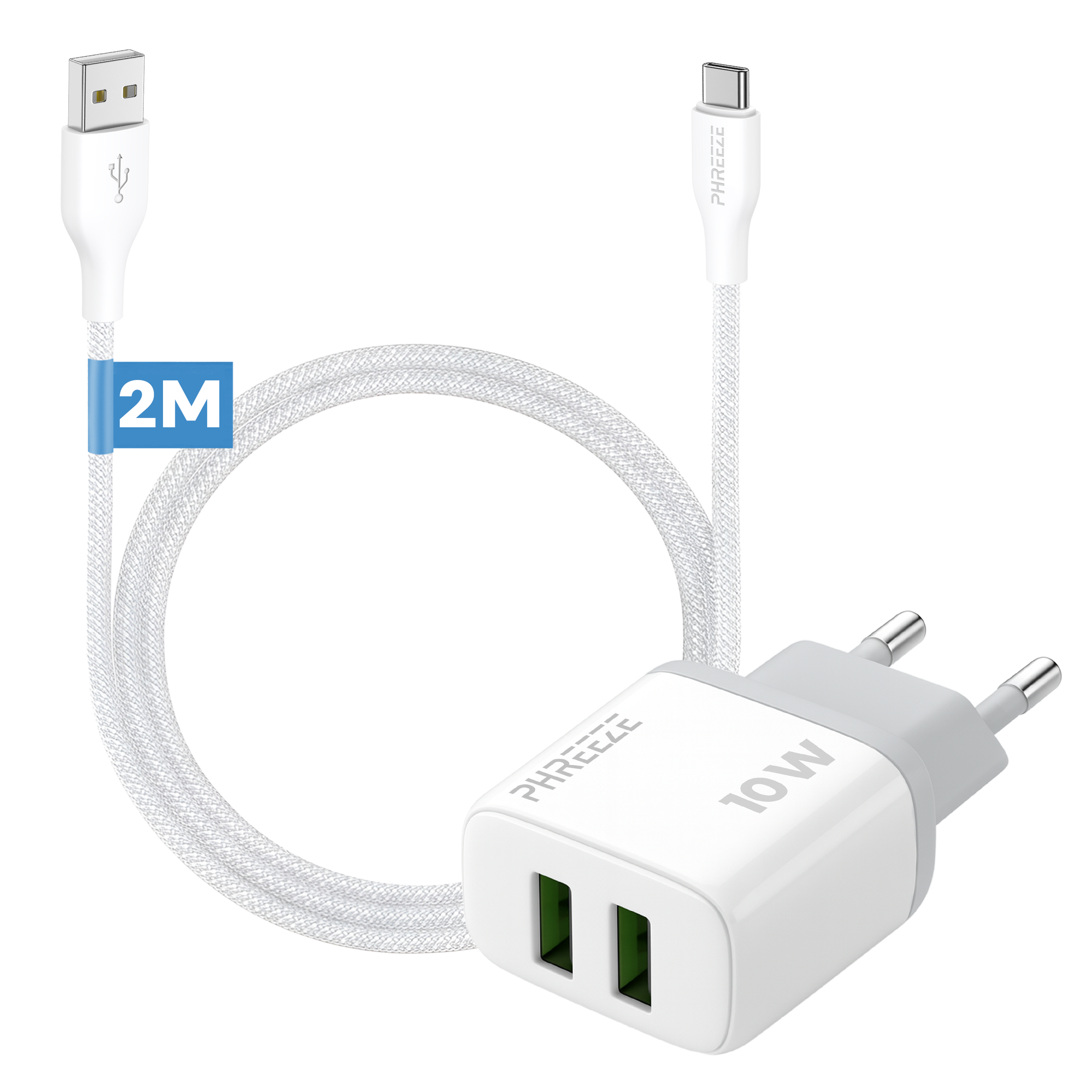 Een witte oplaadkabel en adapter. De kabel heeft een USB- en een USB-C-uiteinde. De adapter heeft twee sleuven.
