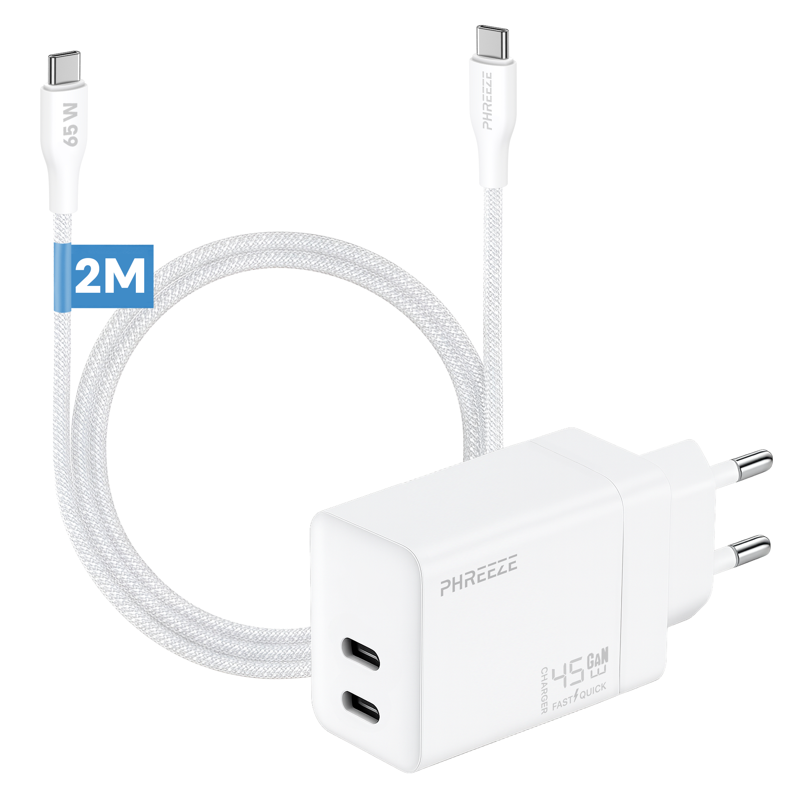 White charger with two USB-C ports, a white cable, and a white power adapter. The cable is 2 meters long.
