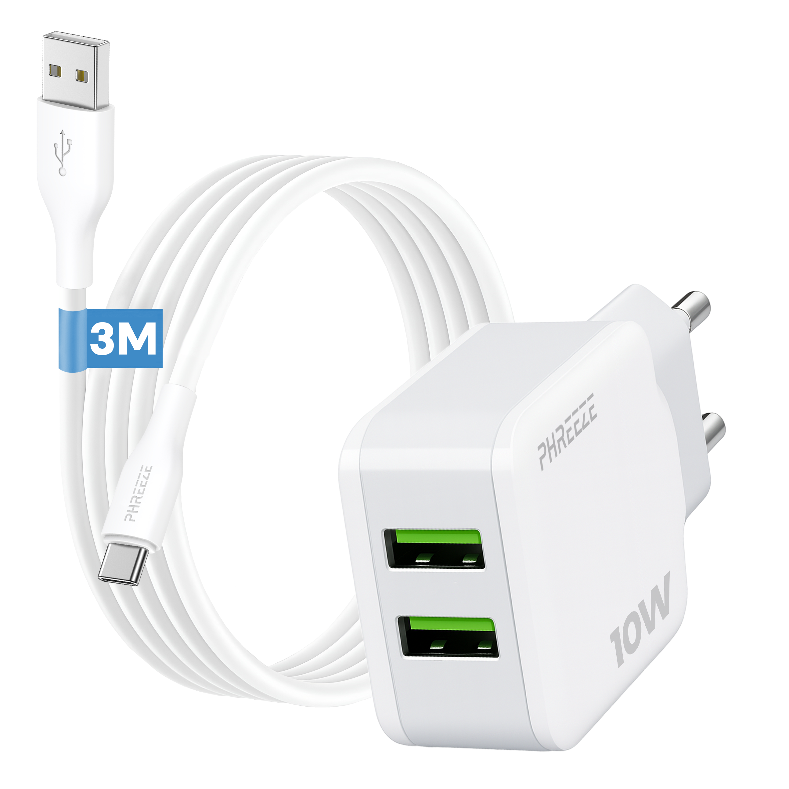 Een witte telefoonlader met een USB-kabel. De lader heeft twee groene USB-poorten. De kabel zegt 3M.