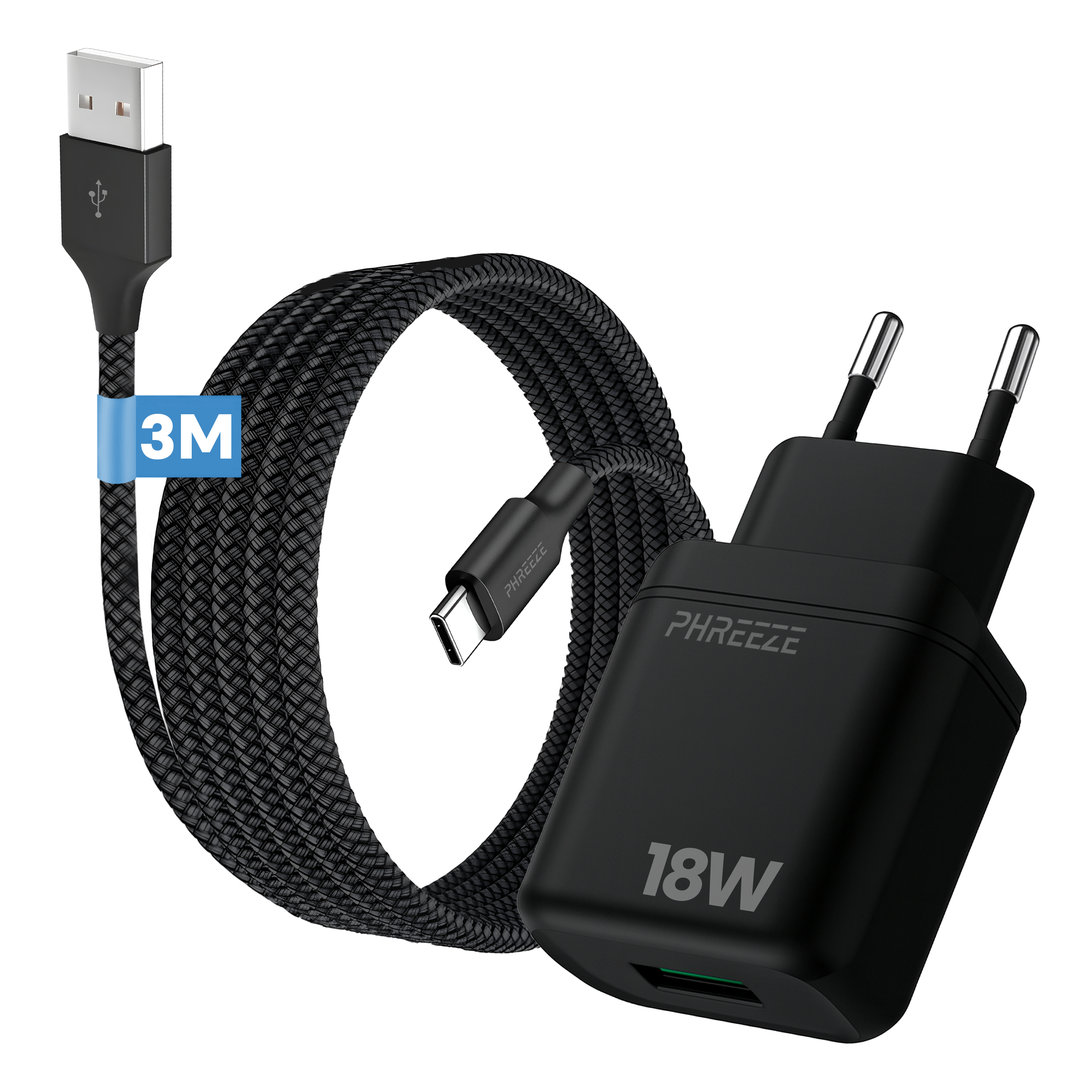 Zwarte oplader met een 3M gevlochten kabel. De oplader is 18W. USB- en USB-C-connectoren zijn zichtbaar.