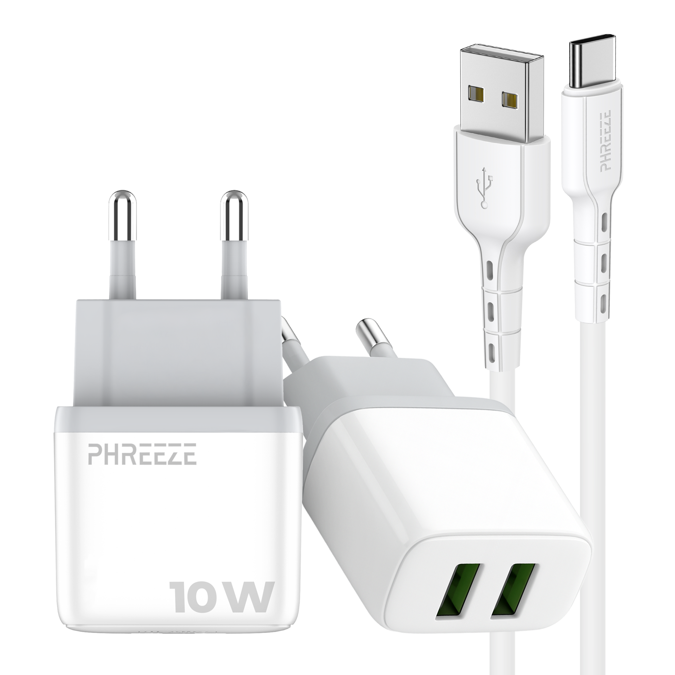 Witte oplader met twee stekkers, een USB-kabel en een USB-C-kabel. De oplader heeft de tekst 'PHREEZE 10W'.