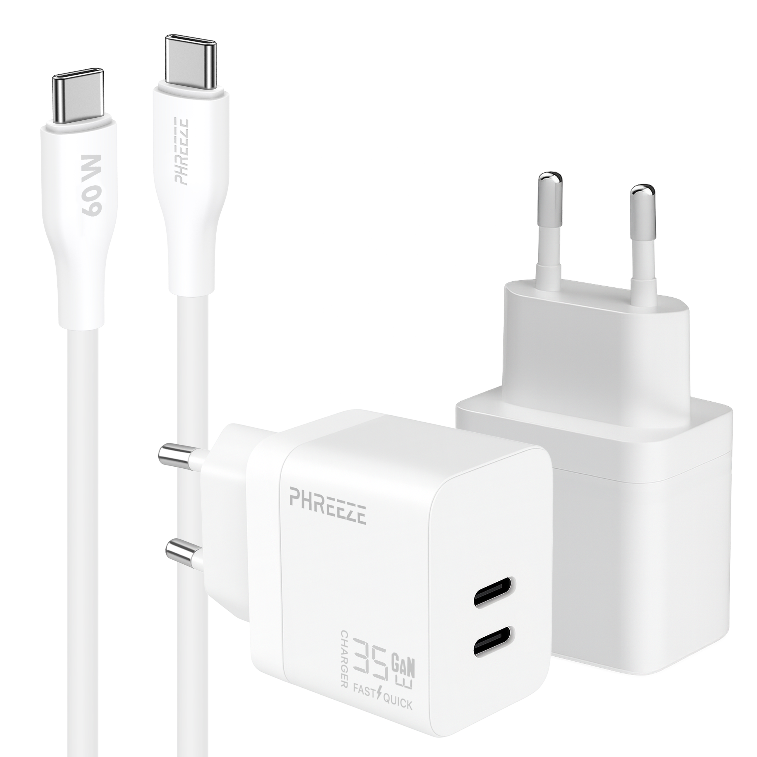 A white charger set with two cables and two plug adapters. The charger has 'PHREEZE' and '35W' printed on it.