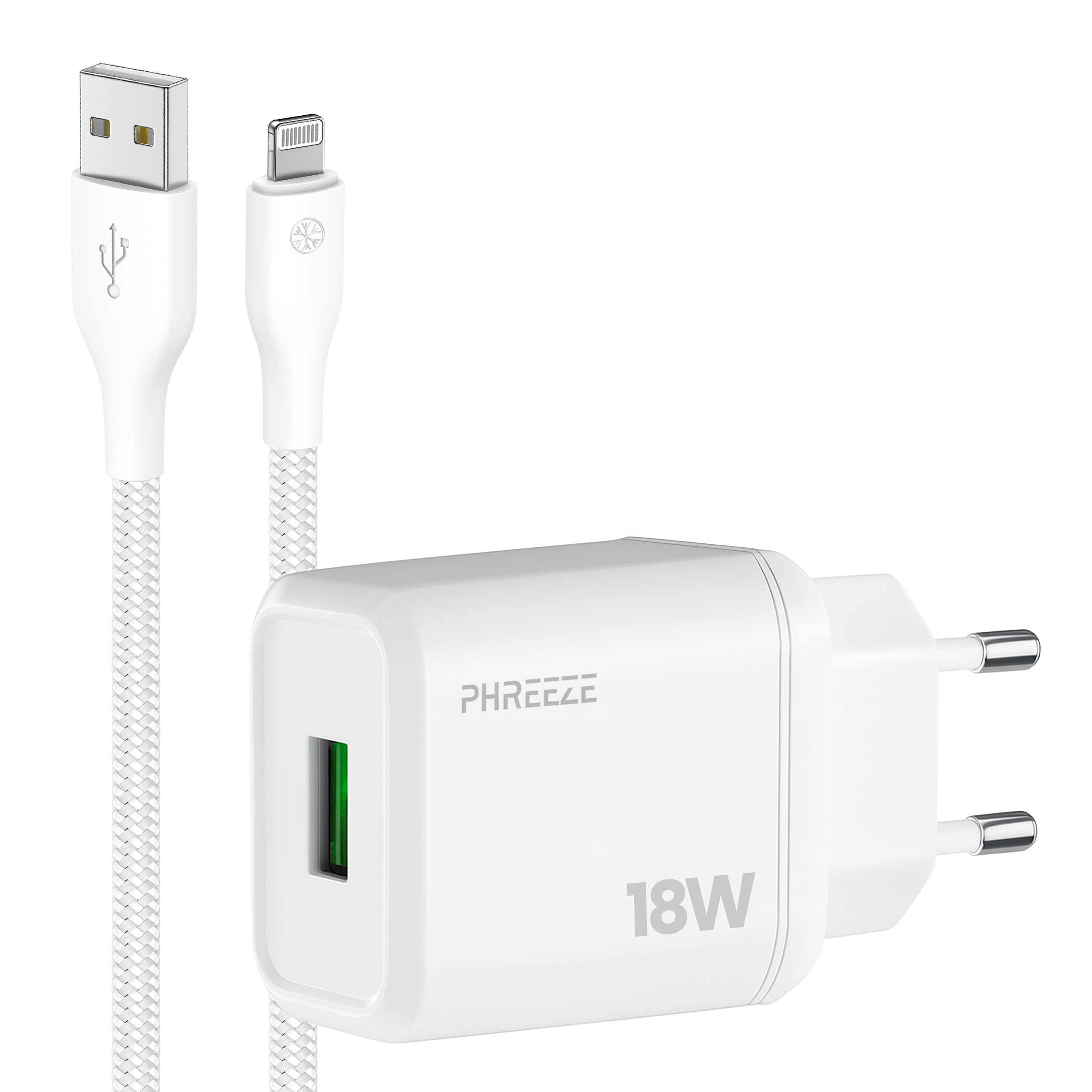 Witte oplader met USB- en Lightning-kabels. Oplader heeft 18W erop. Merk PHREEZE is zichtbaar.