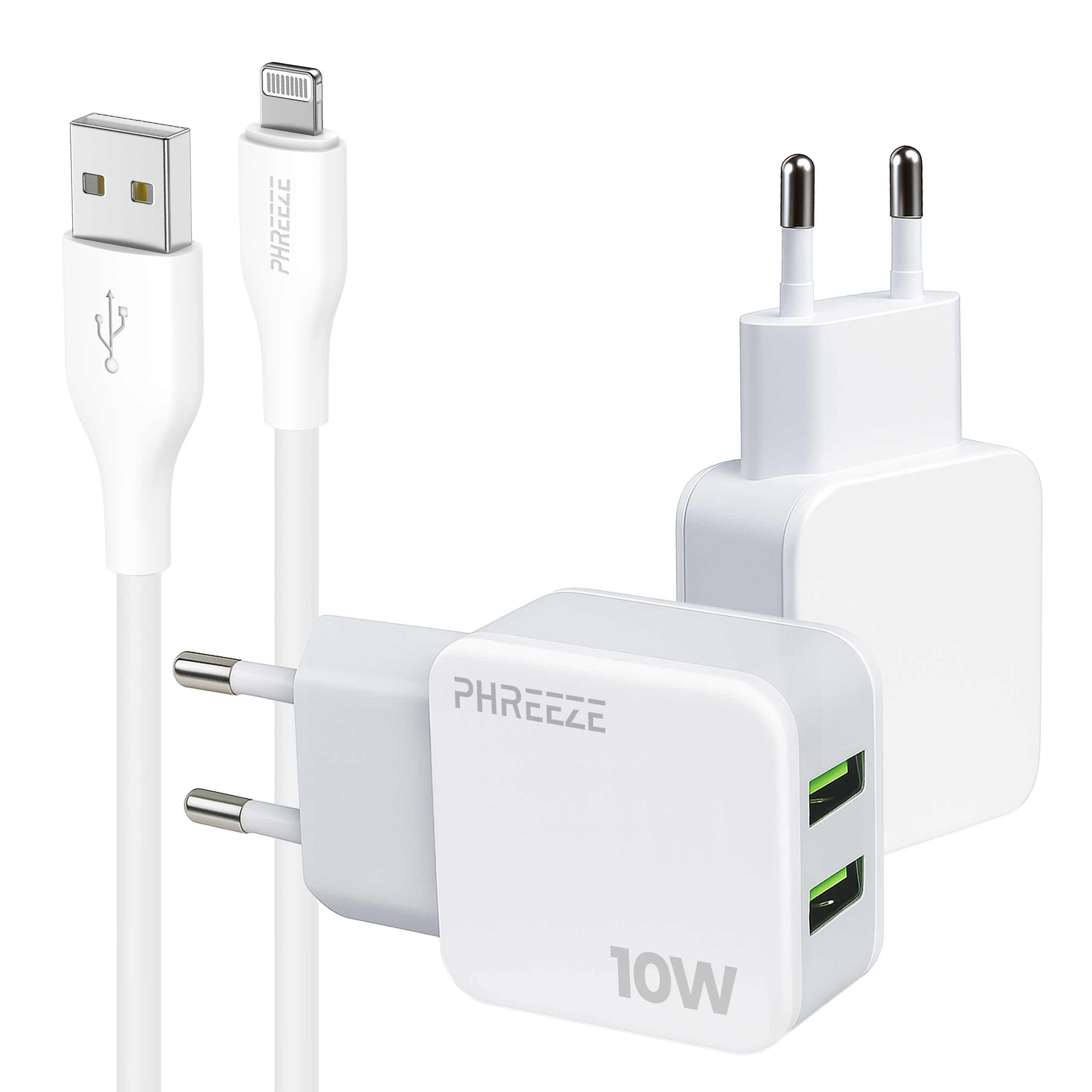 Witte USB-oplader en Lightning-kabelset. Twee opladers, één met dubbele USB-poorten. Kabels en stekkers zichtbaar.