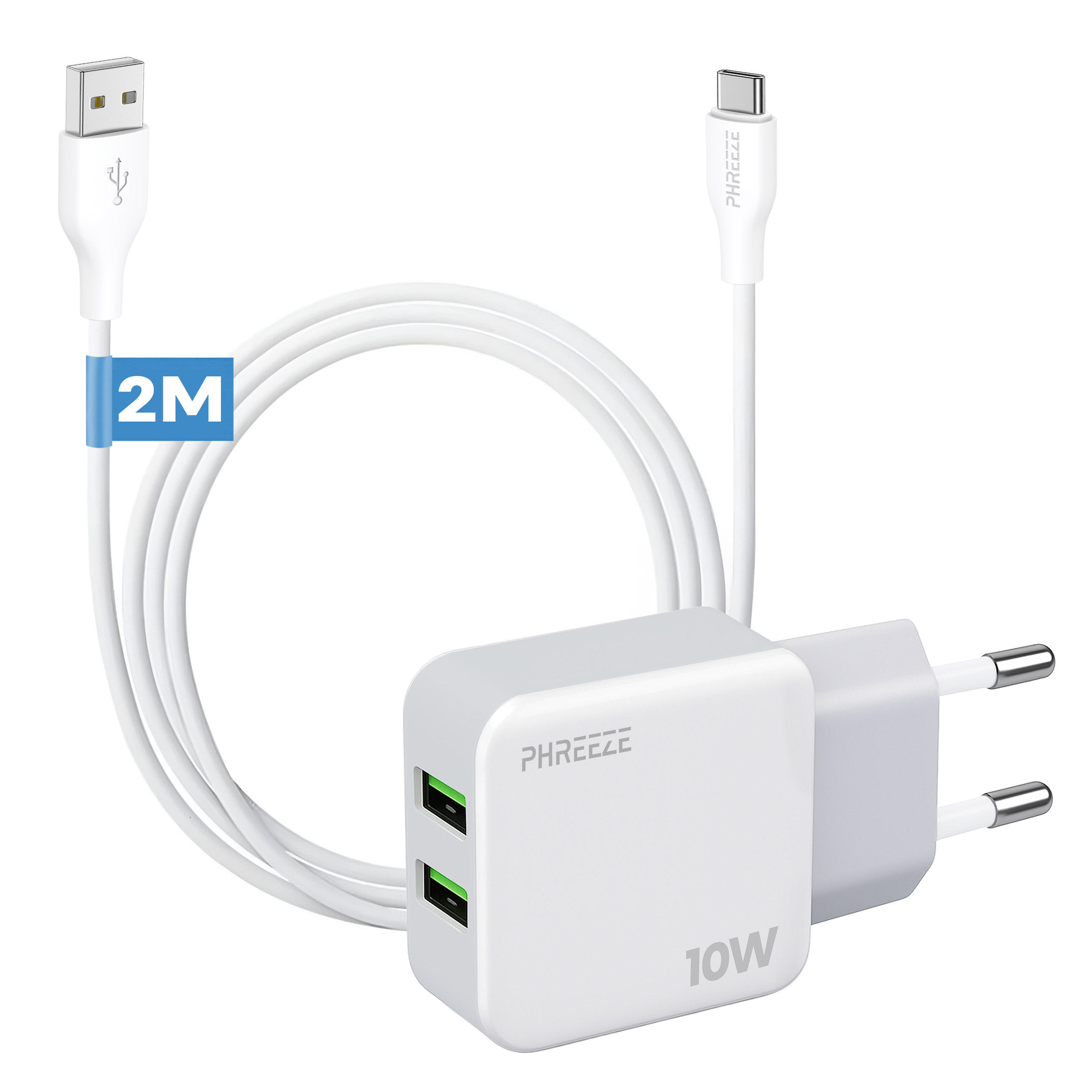Een witte oplader met twee USB-poorten, een USB-A- en een USB-C-kabel en een stekker met twee pinnen. De oplader is gemarkeerd met 10W en heeft een blauw 2M-label.