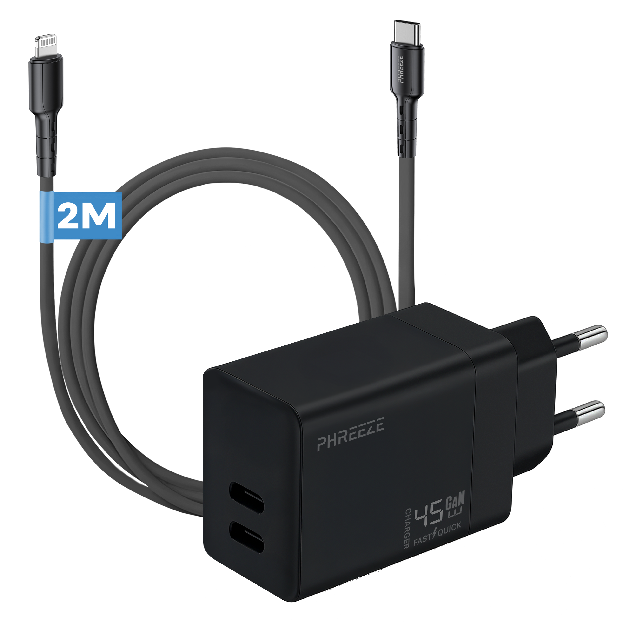 Zwarte oplader met twee poorten, een Lightning- en een USB-C-kabel. De oplader toont de merknaam en 45W. De kabels zijn donkergrijs.