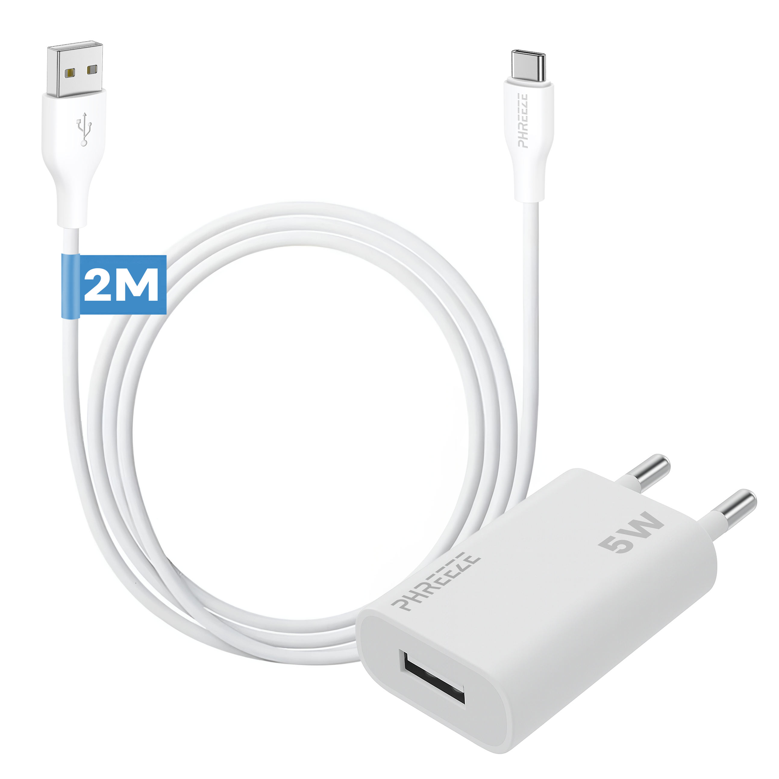 Een witte oplader set met een USB- en USB-C-kabel. Het bevat een witte adapter met een USB-poort en pinnen.