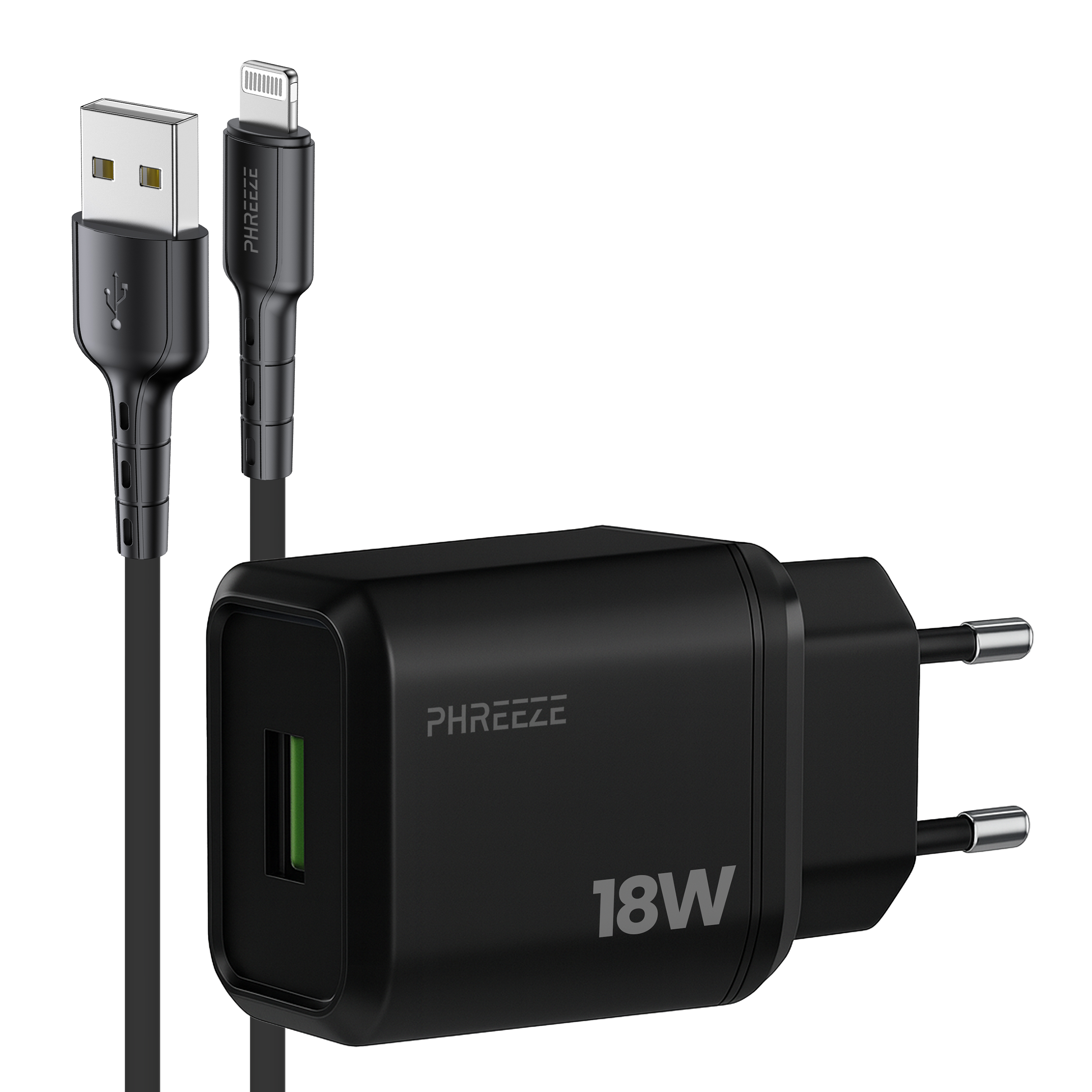 Zwarte oplader met USB- en Lightning-kabels. Oplader heeft 18W erop. PHREEZE logo is zichtbaar.