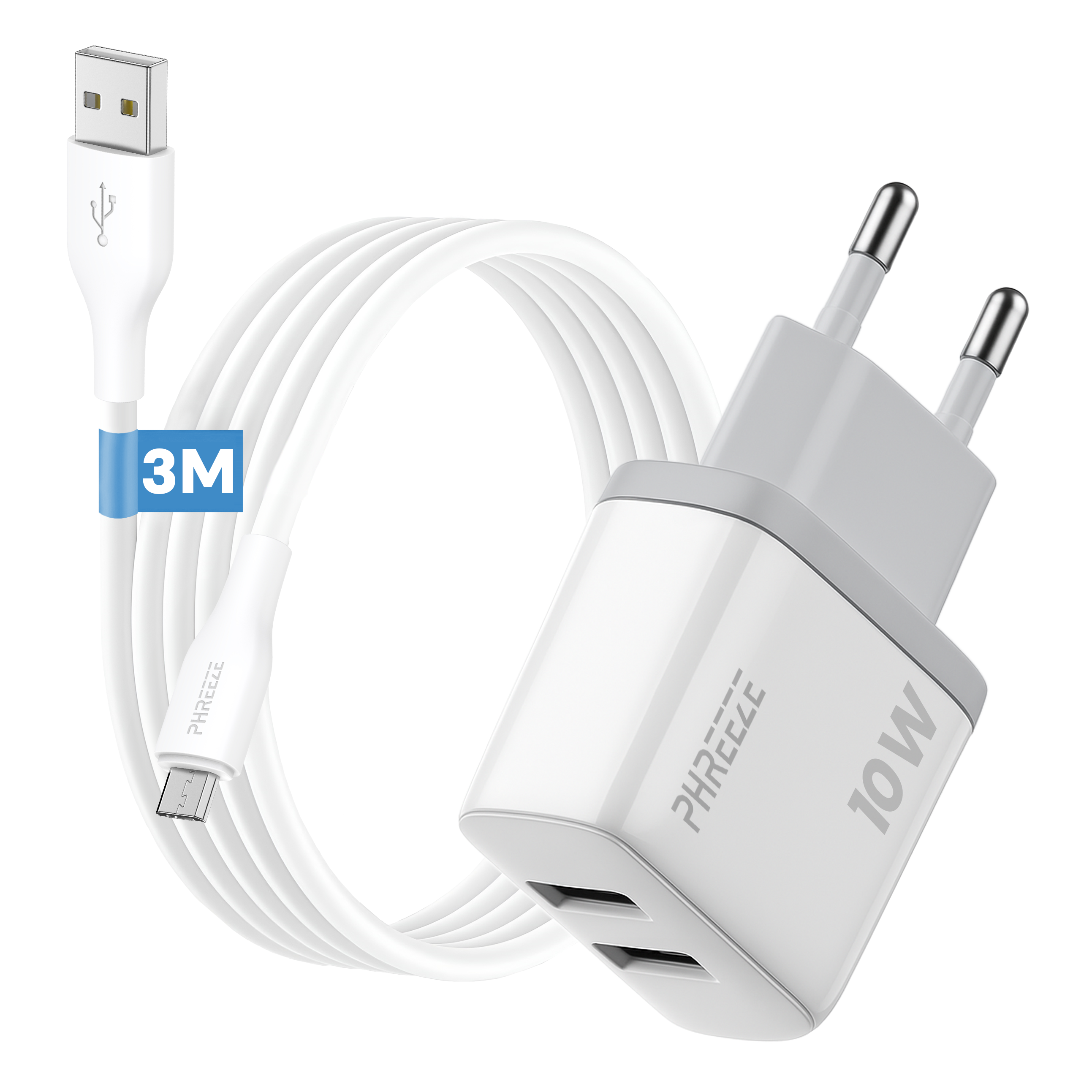 Witte oplader met USB- en micro-USB-kabels. De oplader is gemarkeerd met 10W en de kabel met 3M.