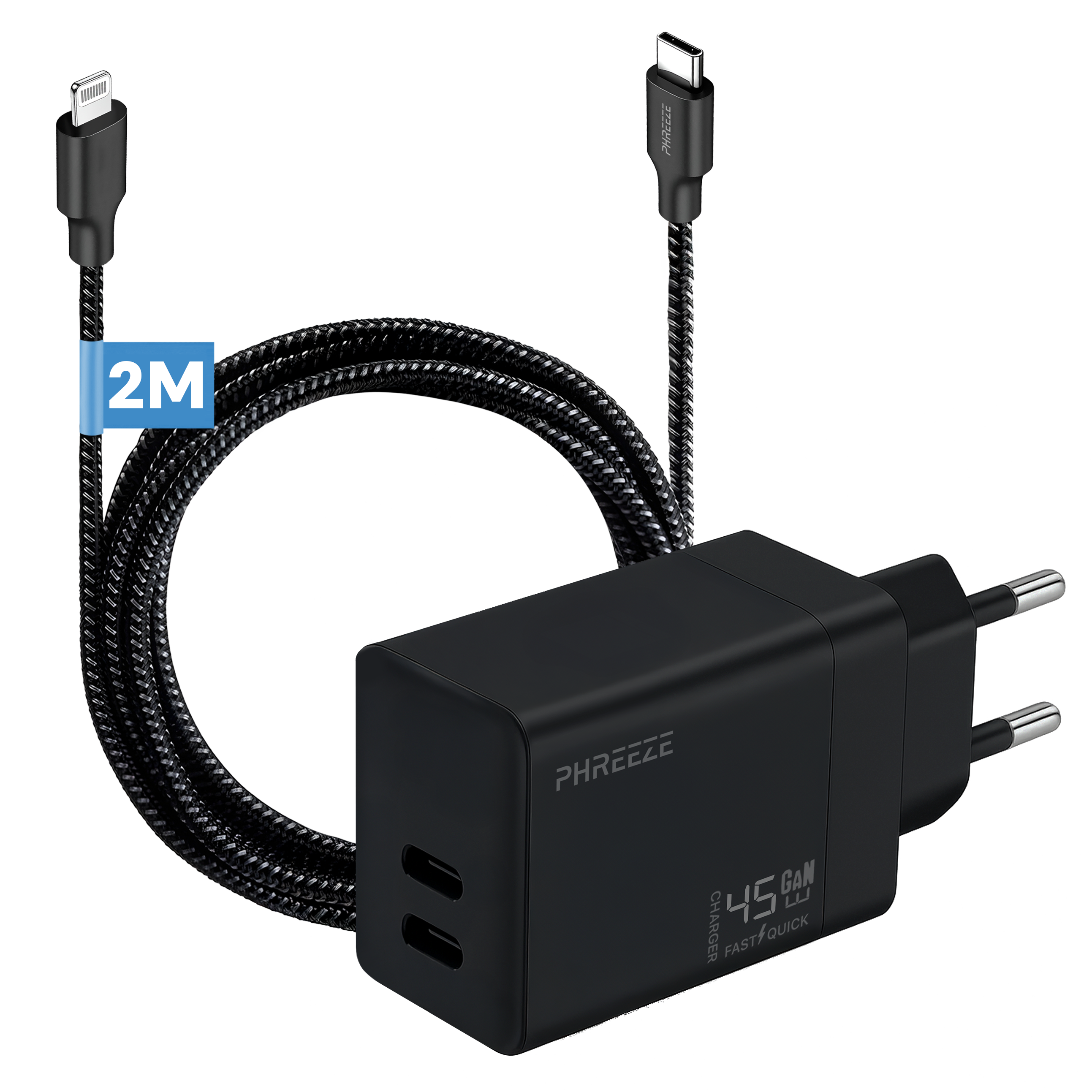 Een zwarte oplader met twee kabels. Eén is Lightning, de andere is USB-C. De oplader heeft twee poorten en is gemarkeerd met '45W GaN'.