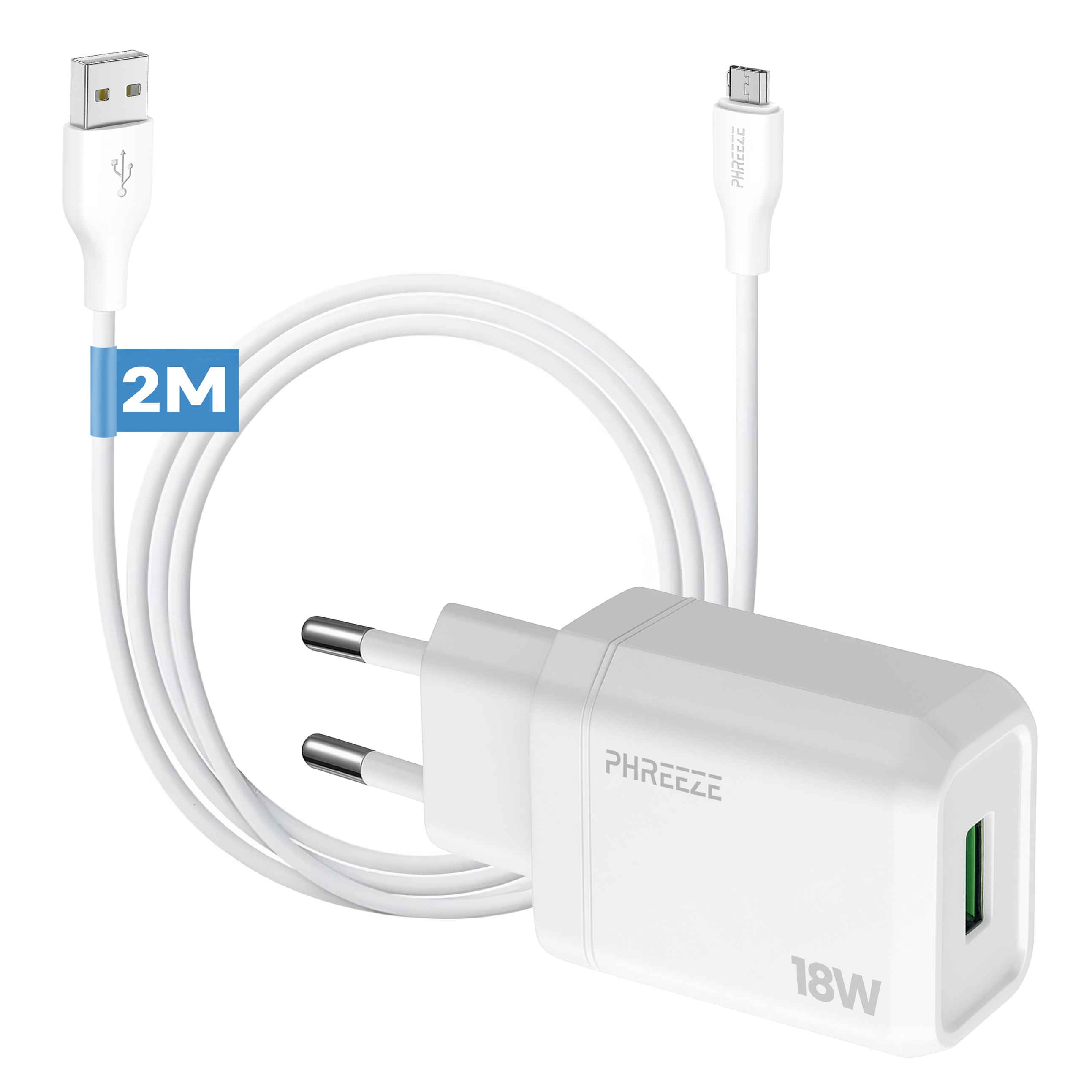 Een witte telefoonlader met een USB-kabel. De lader zegt PHREEEZE en 18W. De kabel heeft een 2M label.