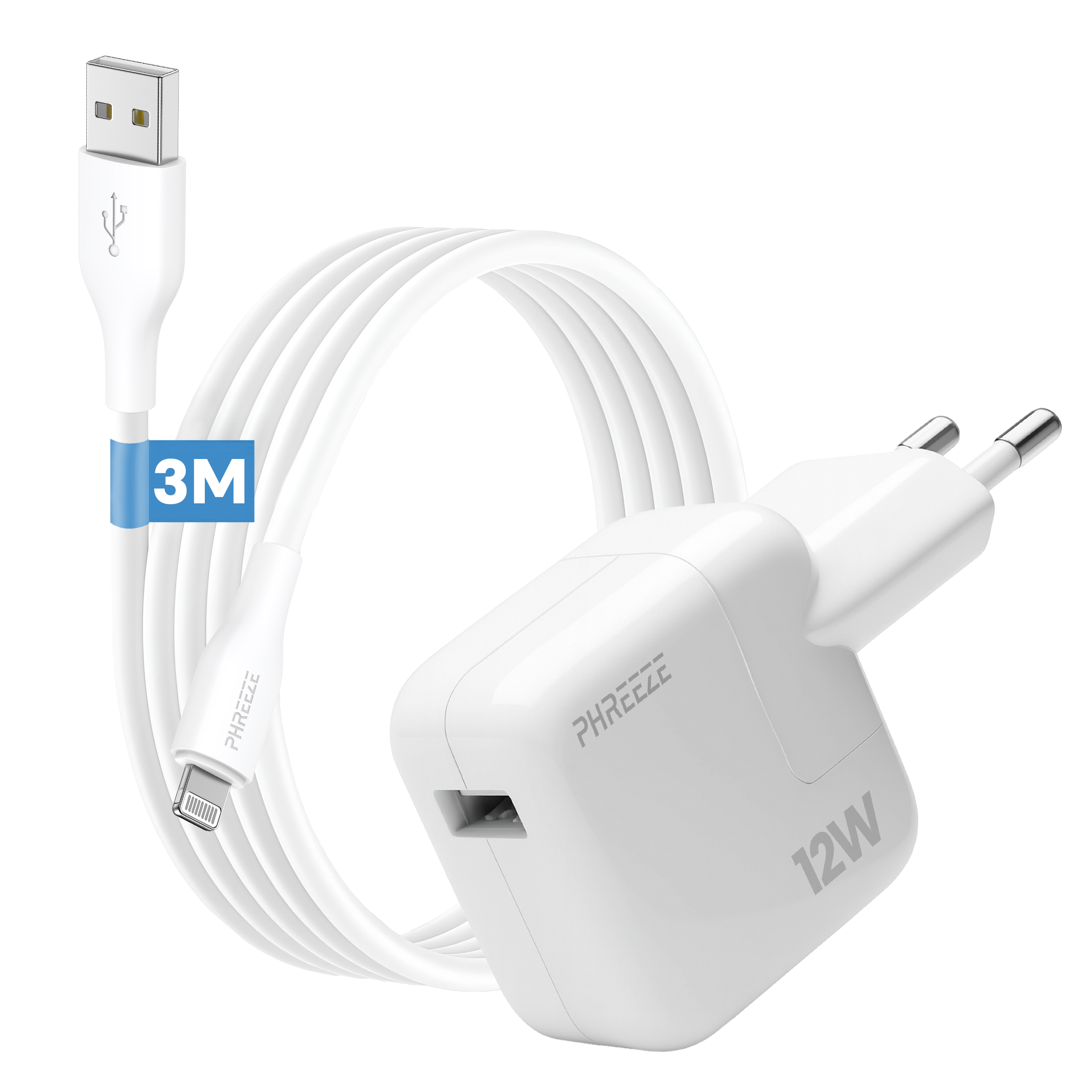 Witte oplader en kabel. De kabel heeft een USB- en Lightning-connector. Op de oplader staat 12W.