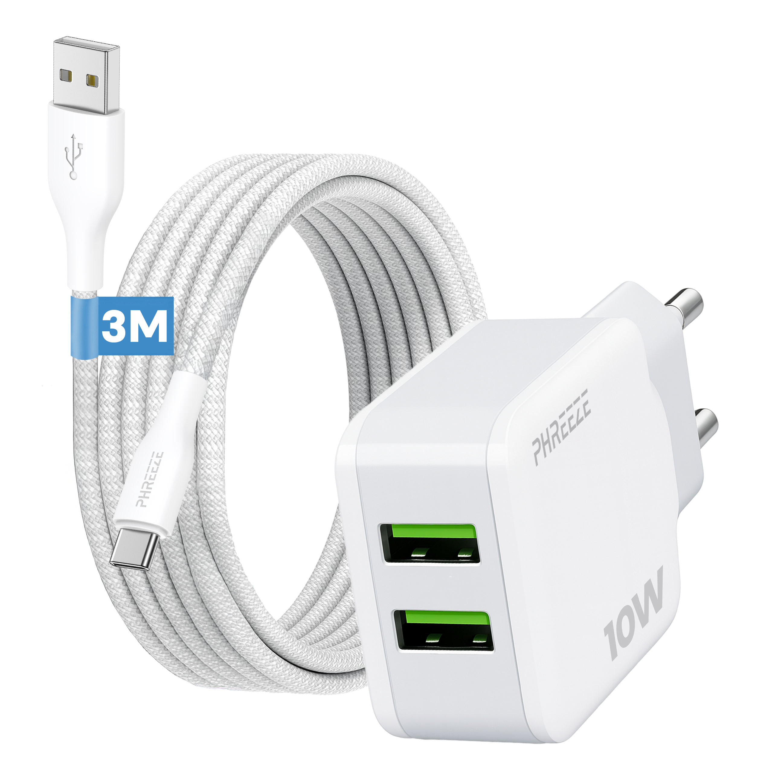 Witte oplader met twee groene USB-poorten, een witte kabel en een USB-connector. De kabel heeft een 3M label.