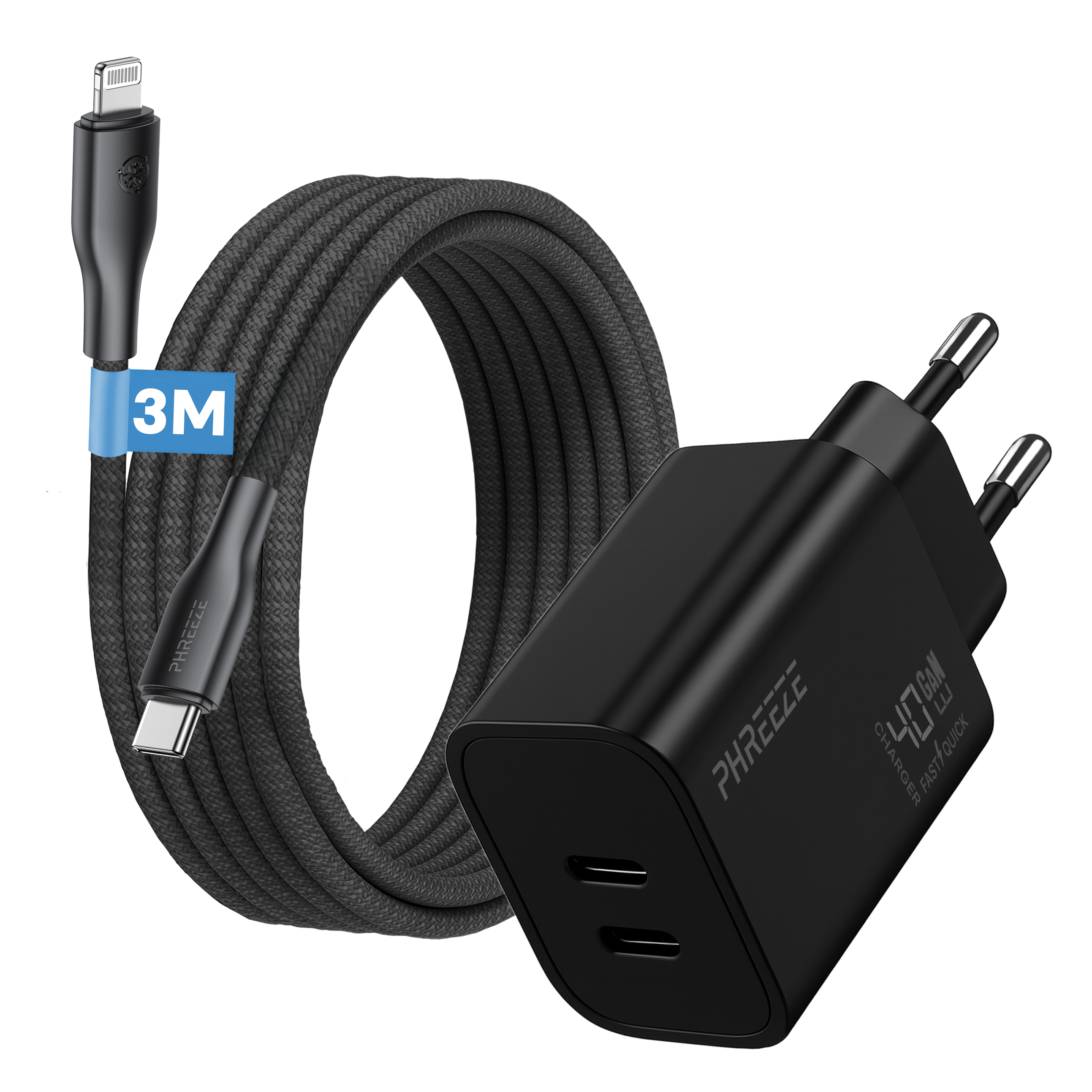 Zwarte oplader met een aangesloten kabel en een aparte kabel. De kabel is 3 meter lang. Op de oplader staat 'PHREEEZE'.
