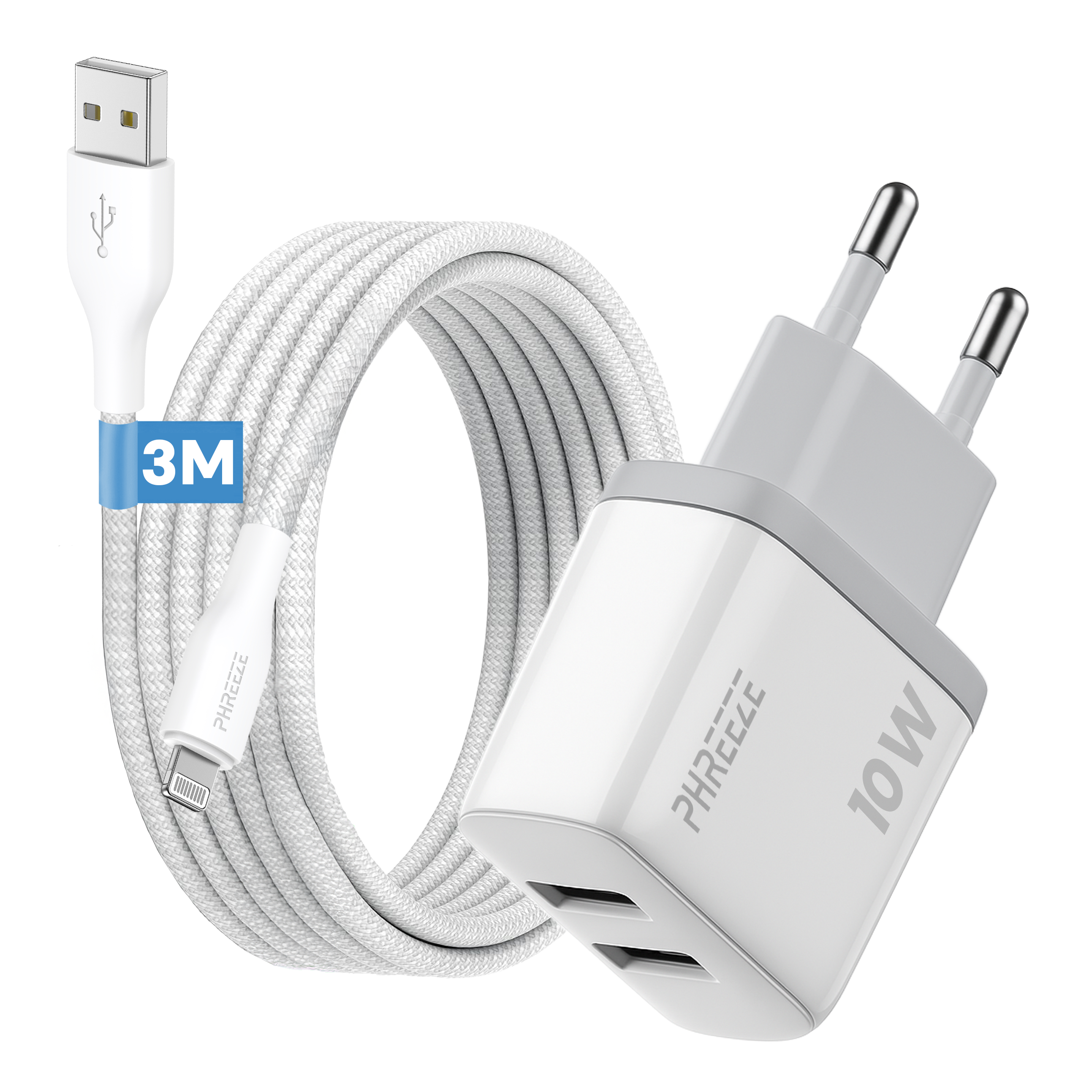Witte oplader met USB- en Lightning-connectoren, een opgerolde kabel met 3M-label en een witte 10W-adapter.