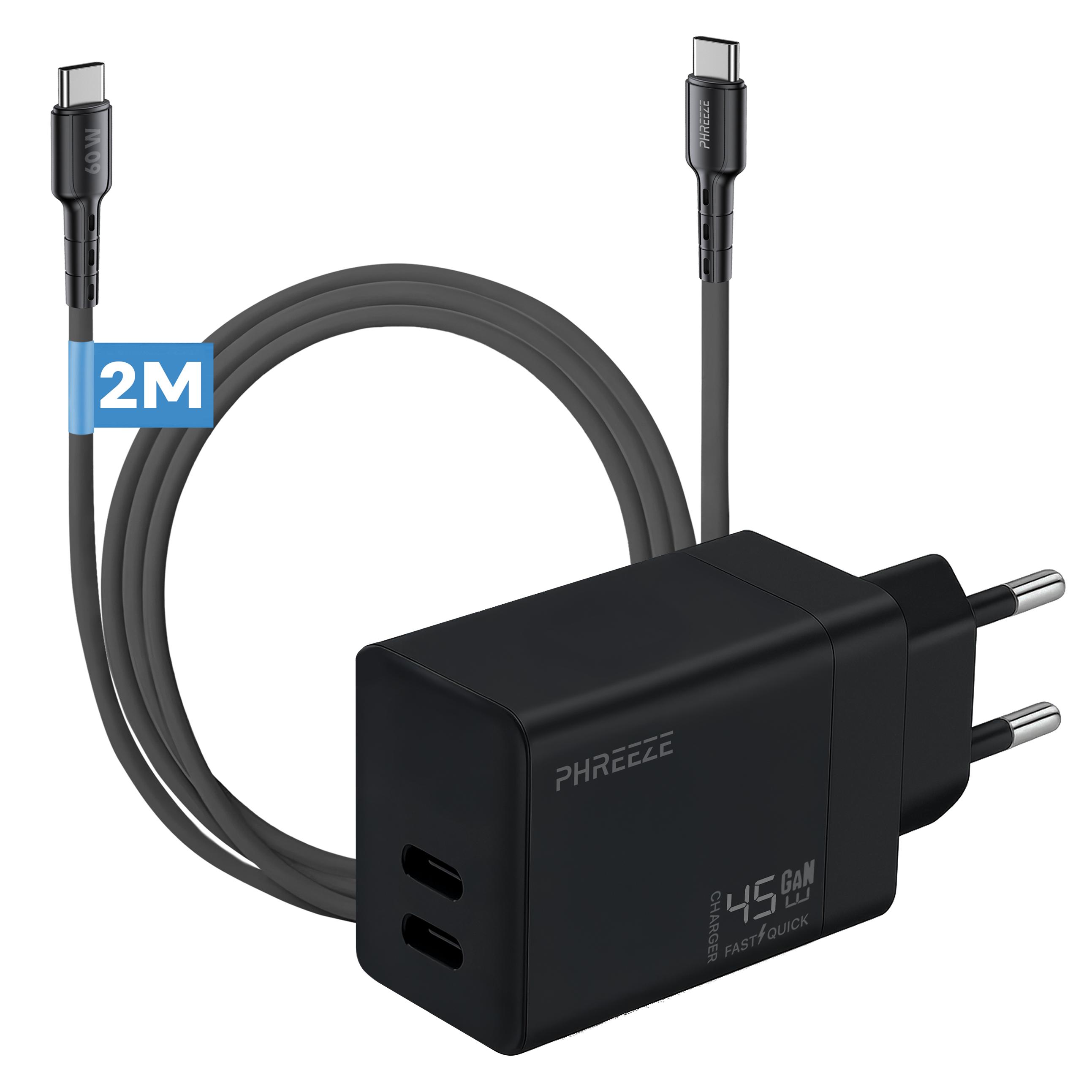 A black charger with two USB-C ports, a plug, and two cables. The charger says 45W GAN and has the brand PHREEEZE.