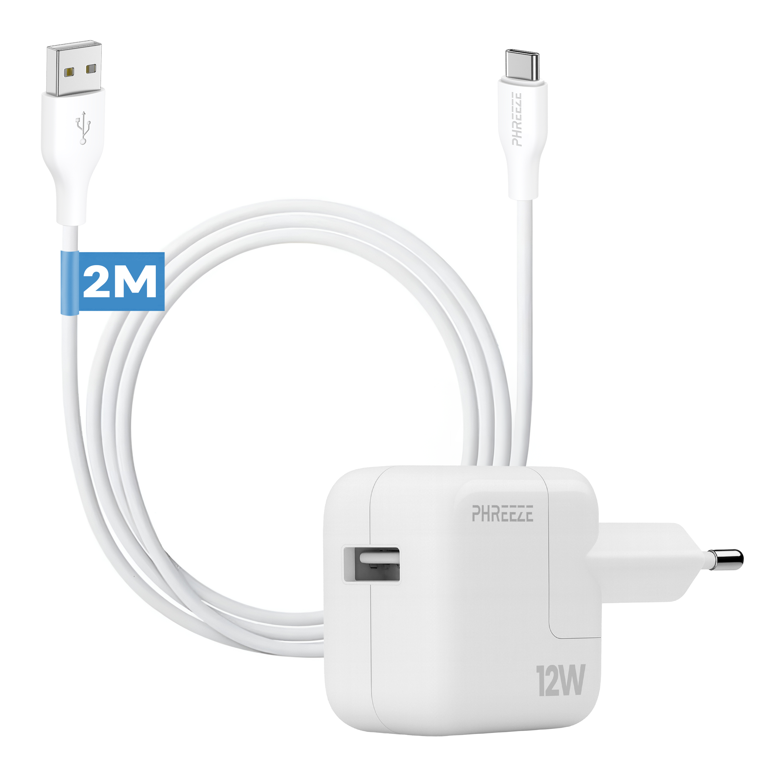 Witte oplader met USB- en Type-C-kabels, een 12W-adapter en een 2M-kabellengte-indicator.