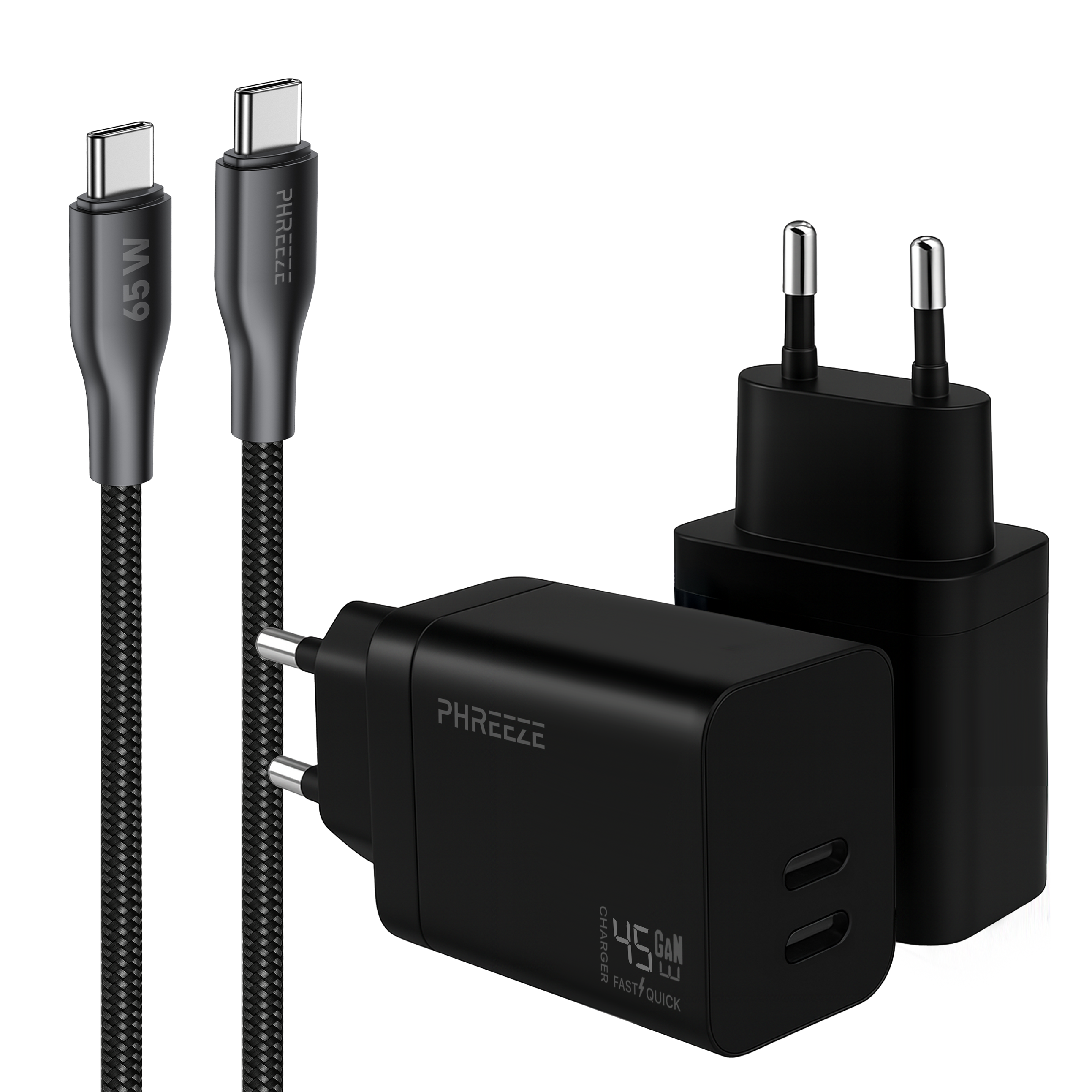 Image shows black chargers, USB-C cables, and plugs. One cable is labeled 65W. The chargers are branded with the name PHREEEZE.