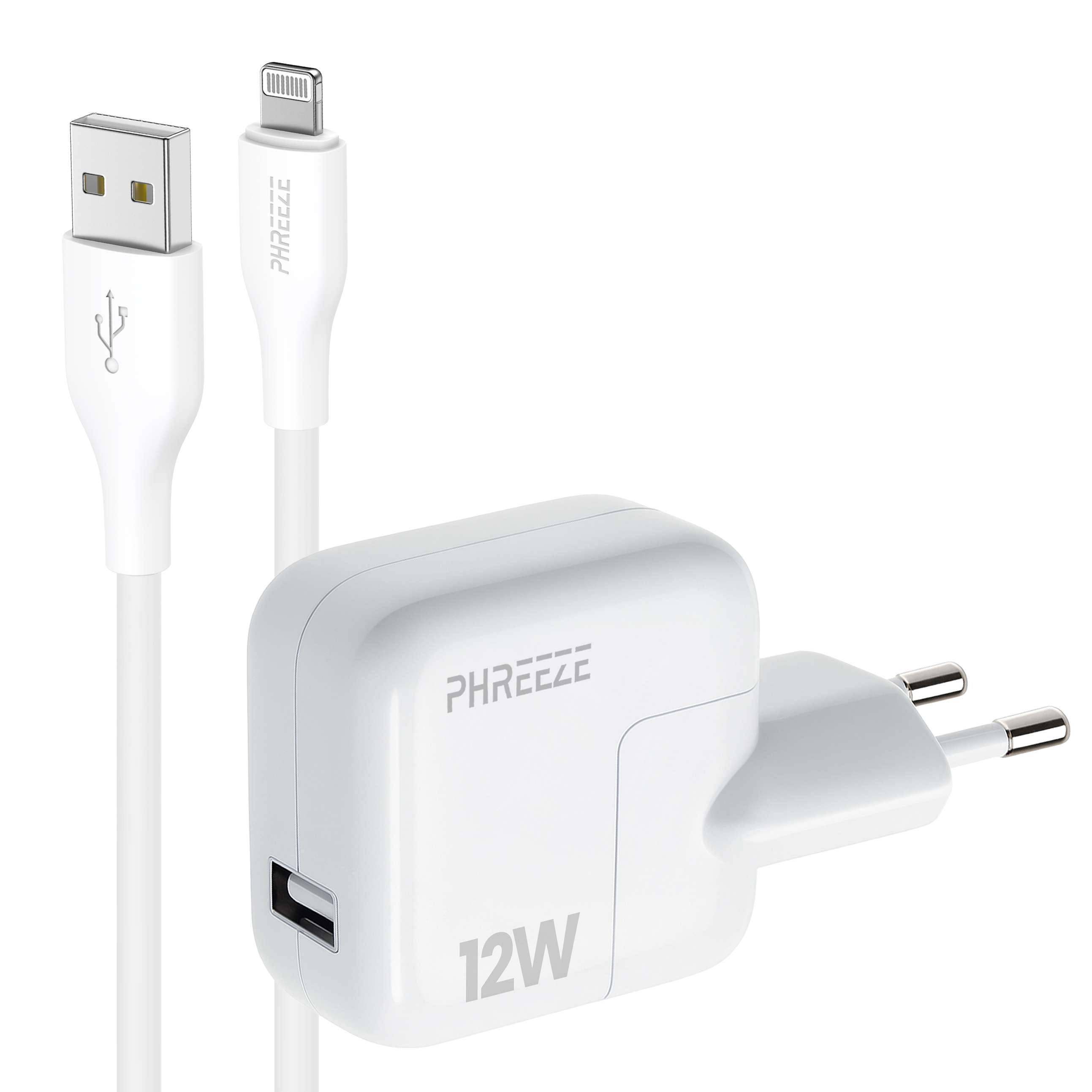 Witte oplader met kabel, USB- en Lightning-connectoren. De oplader heeft een 12W markering.