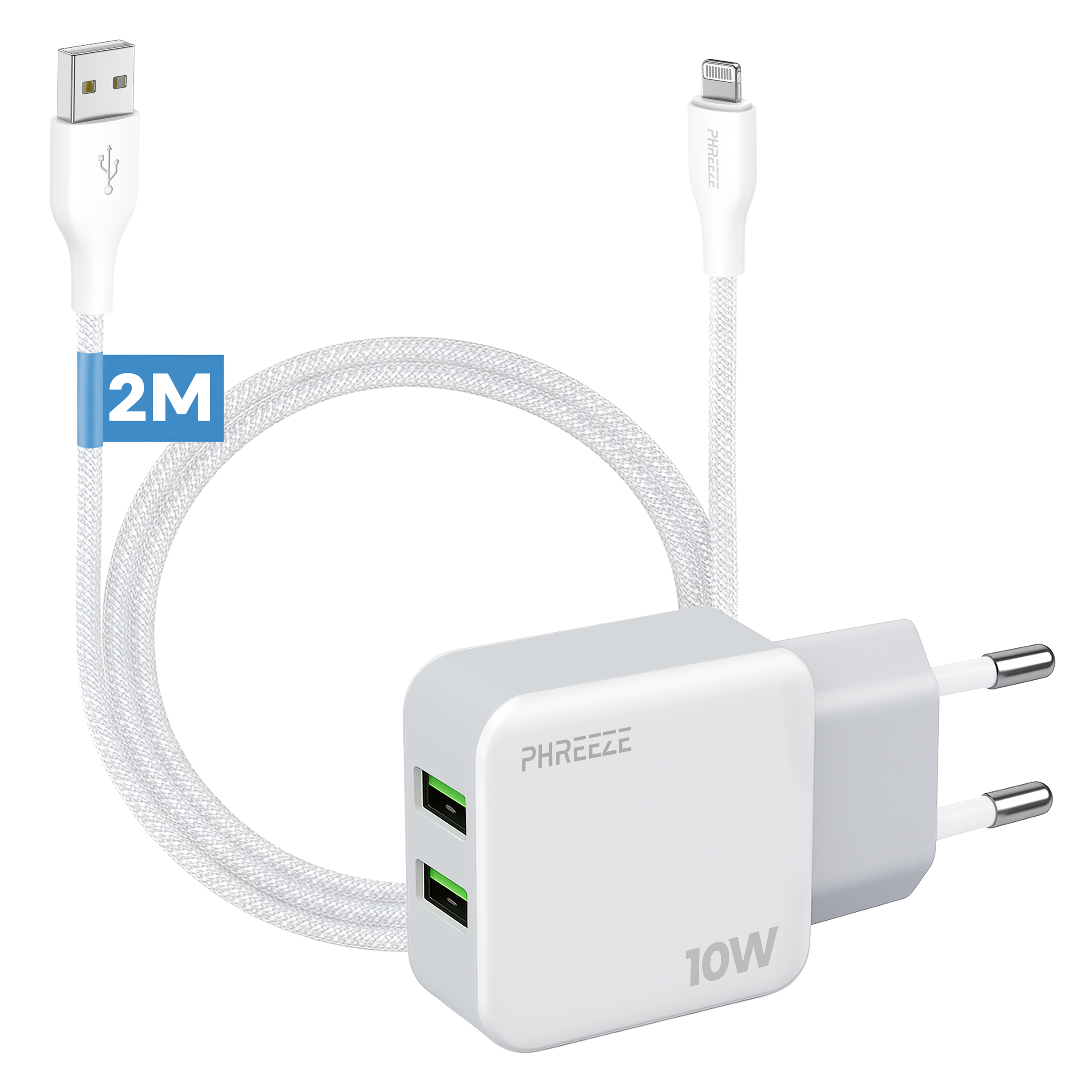 Witte oplader met USB- en Lightning-kabels, 2M lang, en een wit oplaadblok met groene poorten, met het label 10W.