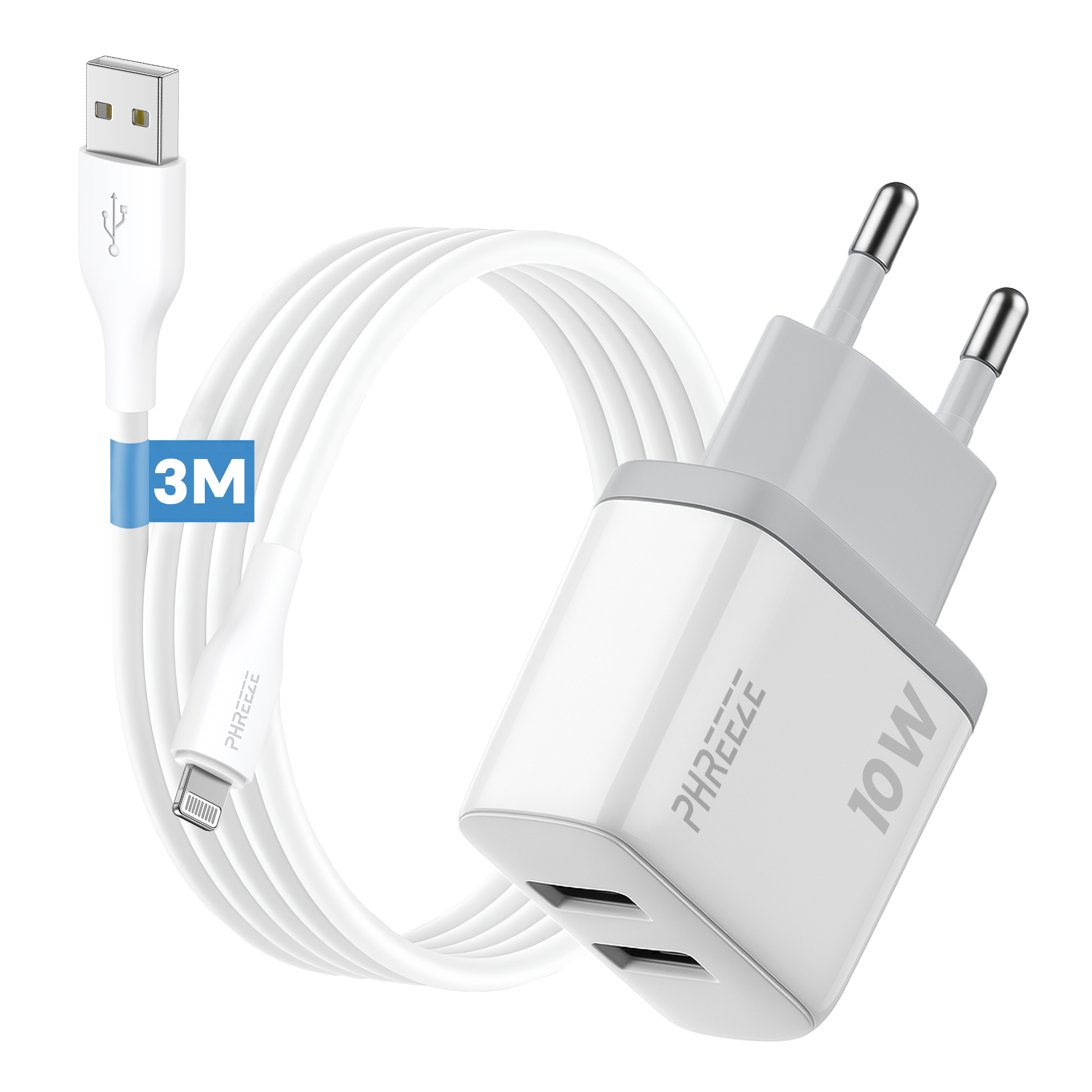 Witte oplader met kabel, USB- en Lightning-connectoren. De oplader heeft twee poorten en de kabel is gemarkeerd met '3M'.