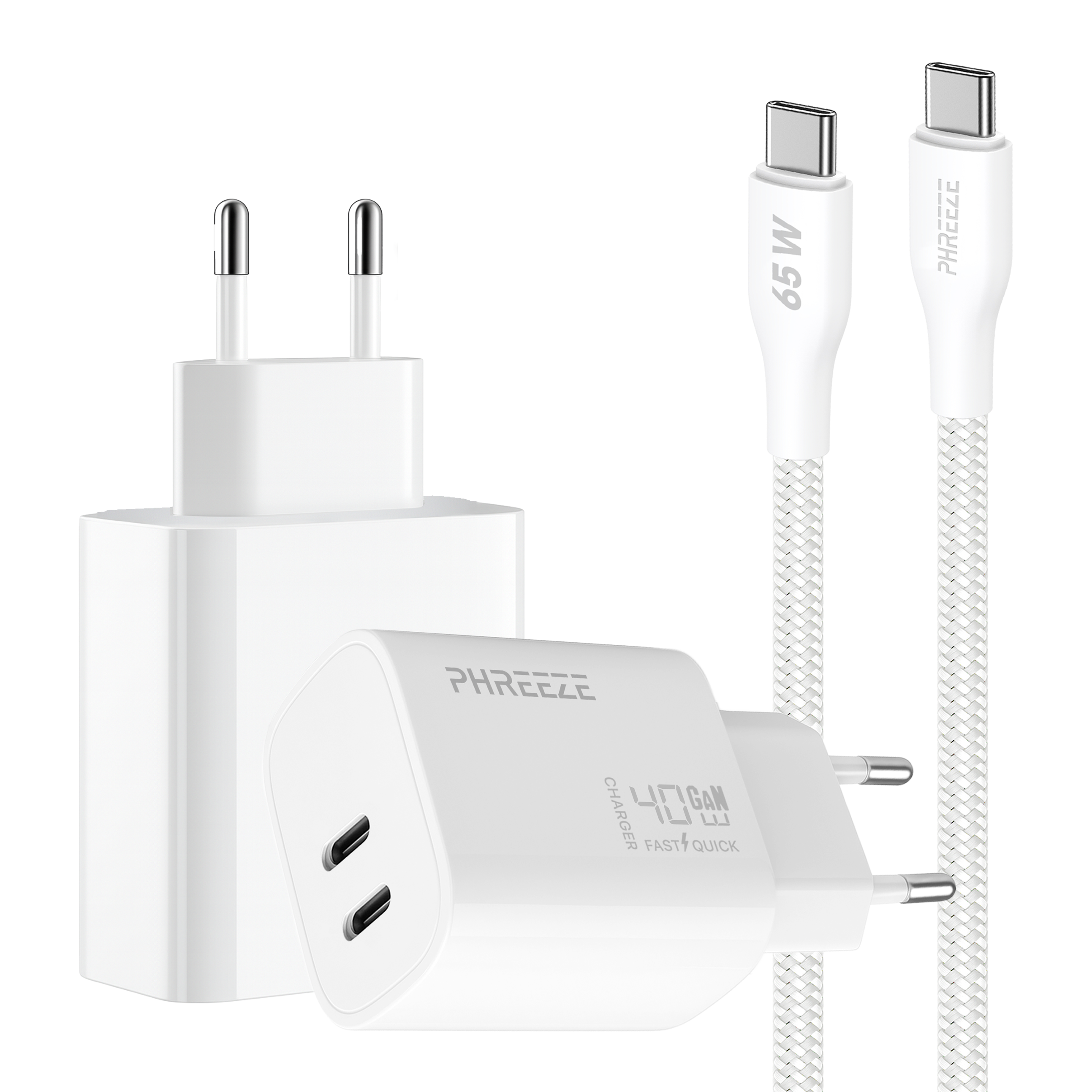 White phone charger and two white USB-C cables. The charger has two USB-C ports. The cables are braided.