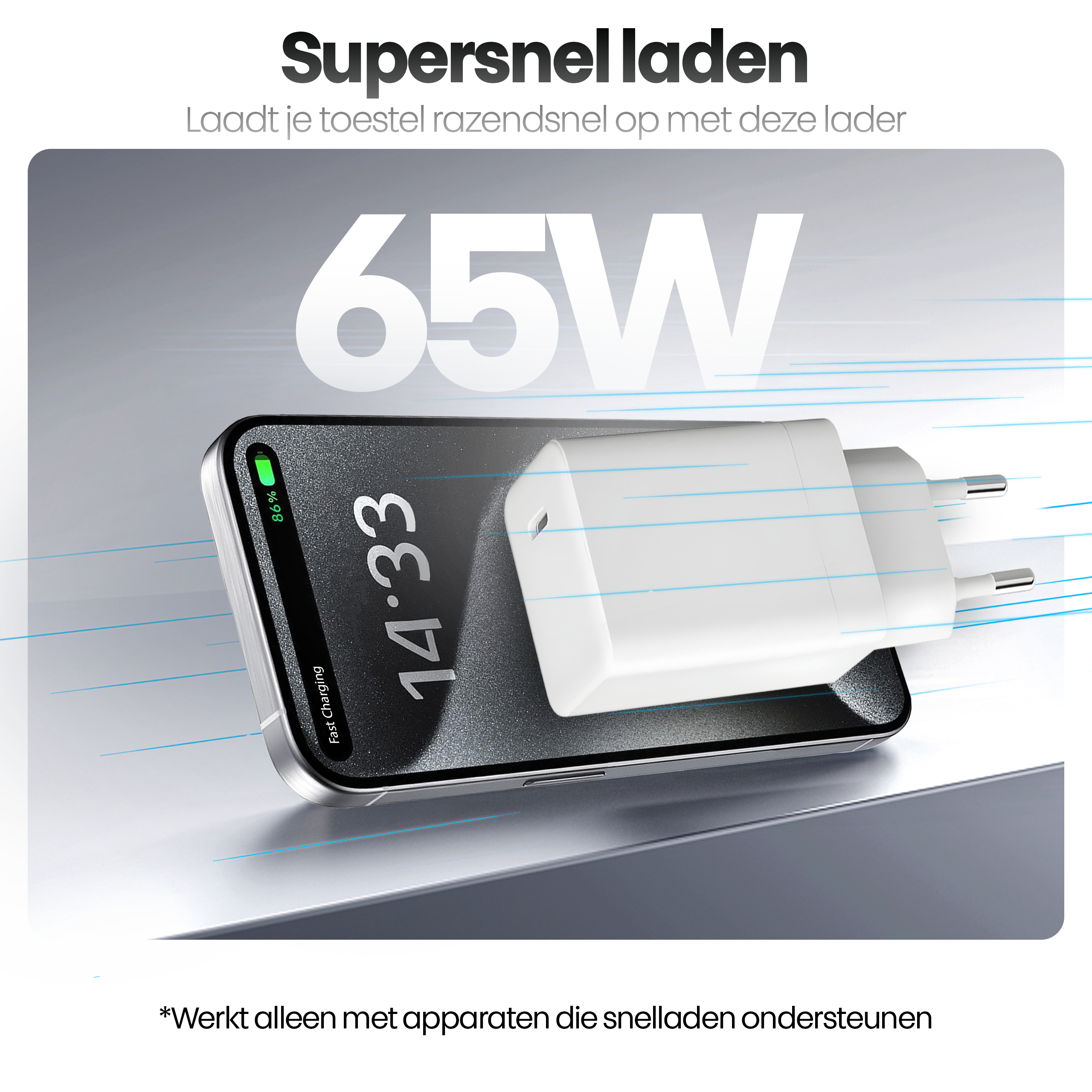 Een telefoon die oplaadt met een witte oplader. De telefoon toont 86% lading en 14:33 uur.
