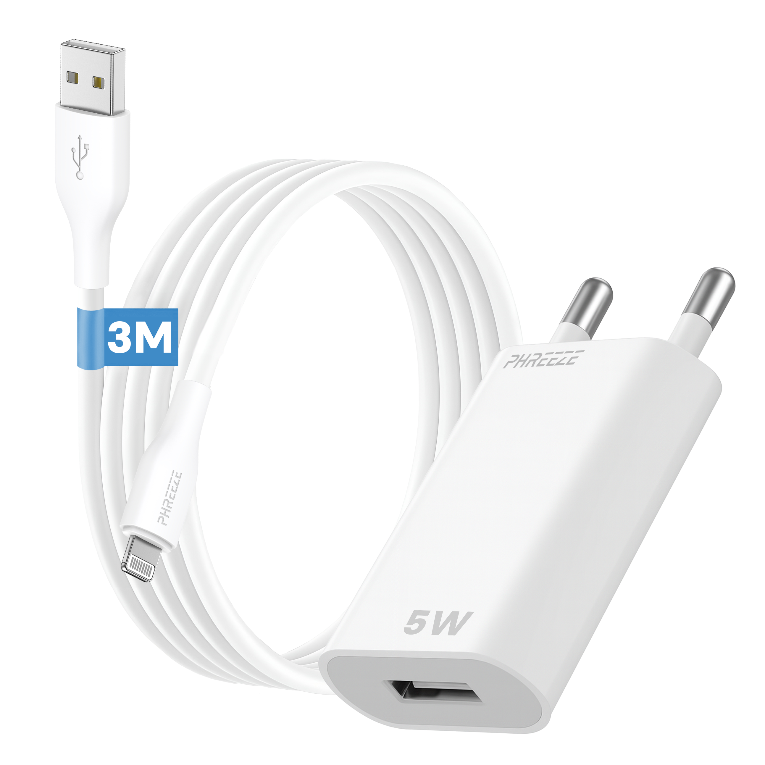 Witte oplader en kabel met USB- en Lightning-connector. De kabel heeft een blauw 3M-label.