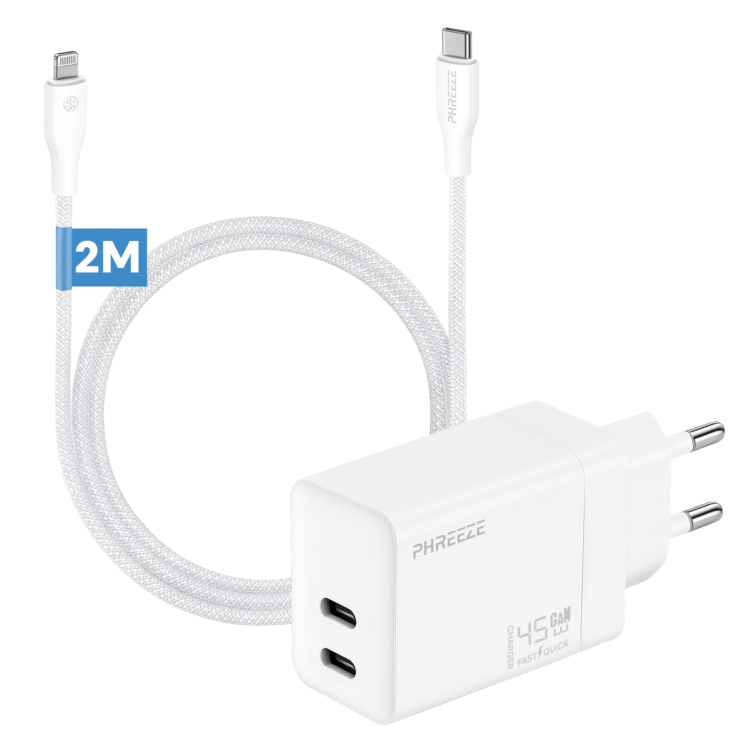 Een witte oplader met twee USB-C-poorten, een witte kabel en een iPhone-connector. De kabel is 2 meter lang.