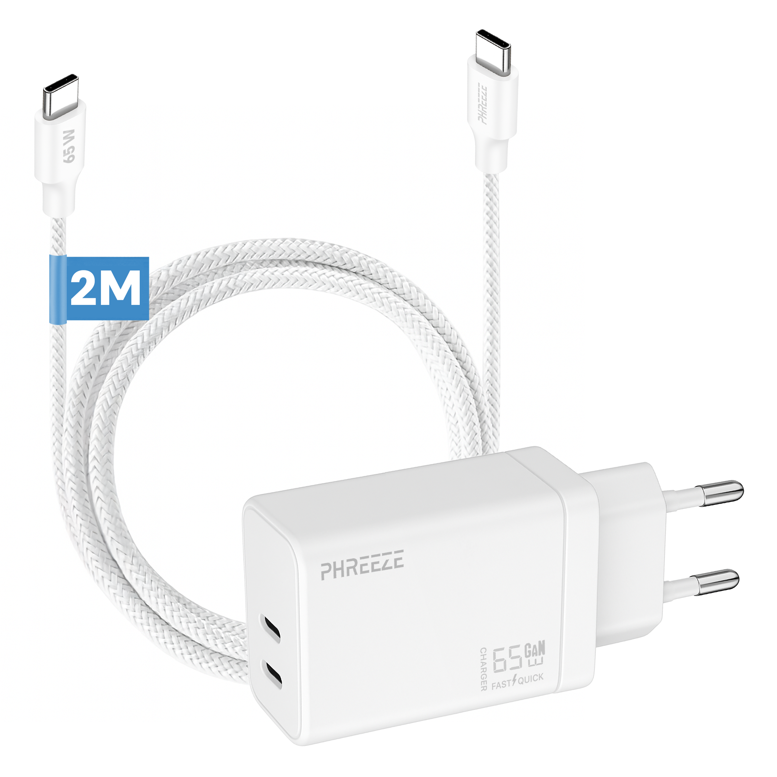 Een witte oplader en kabelset. De oplader heeft twee poorten. De kabel is gevlochten en wit.