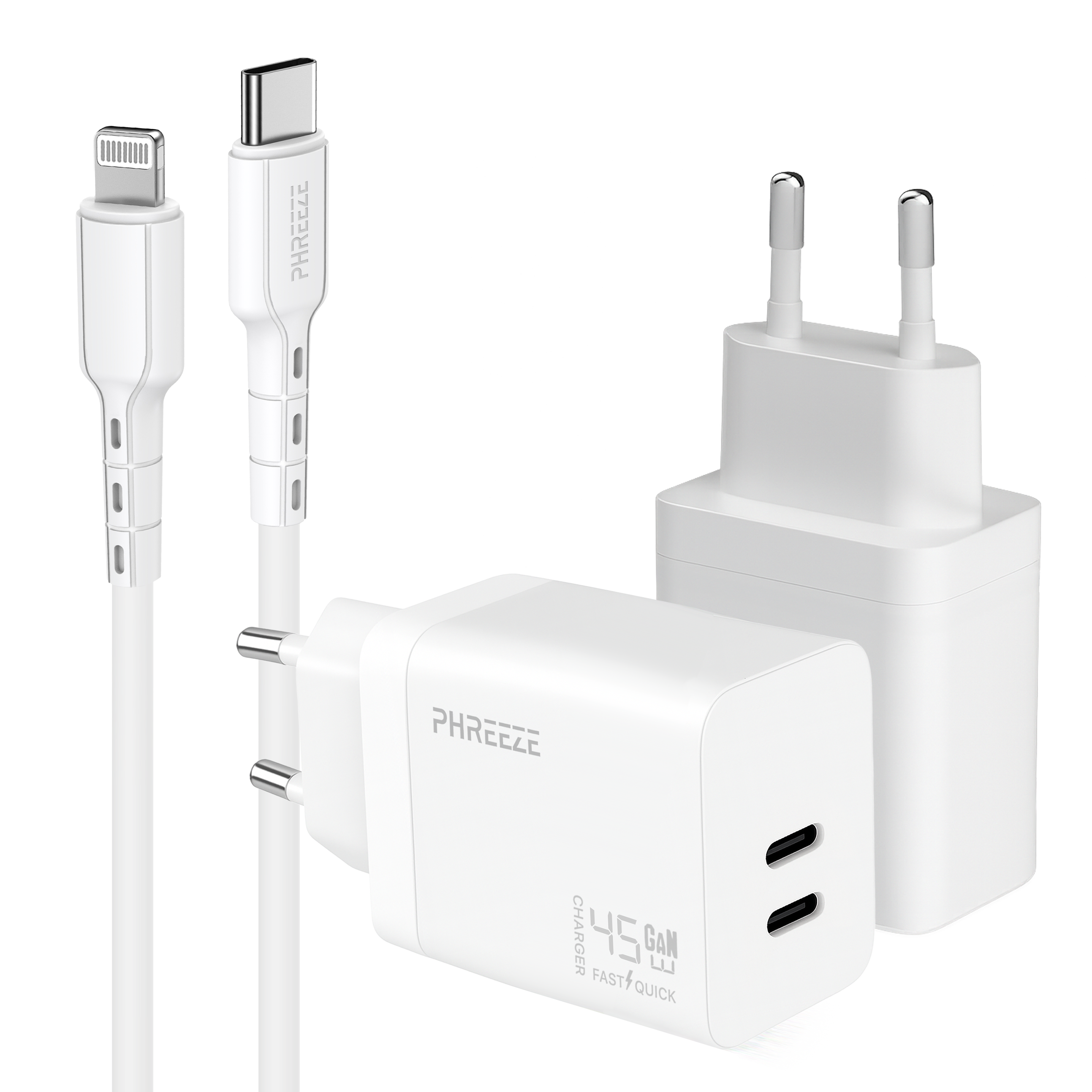 Afbeelding toont witte opladers, kabels. Een 45W GAN-oplader staat op de voorgrond. Kabels hebben Lightning- en USB-C-connectoren.