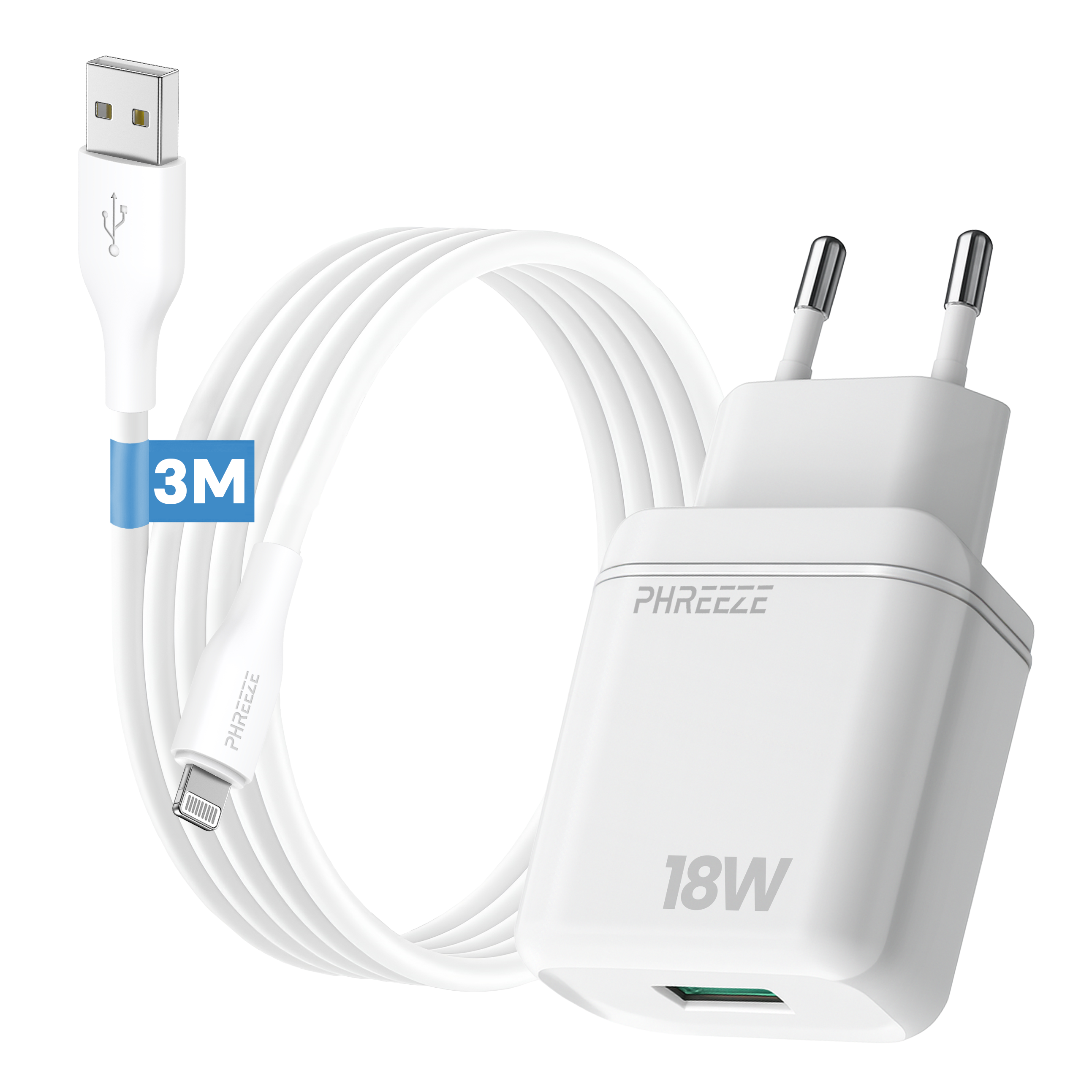 Witte oplader en kabel met Lightning-connector. De kabel heeft een blauw 3M-label. De oplader is gemarkeerd met 18W.