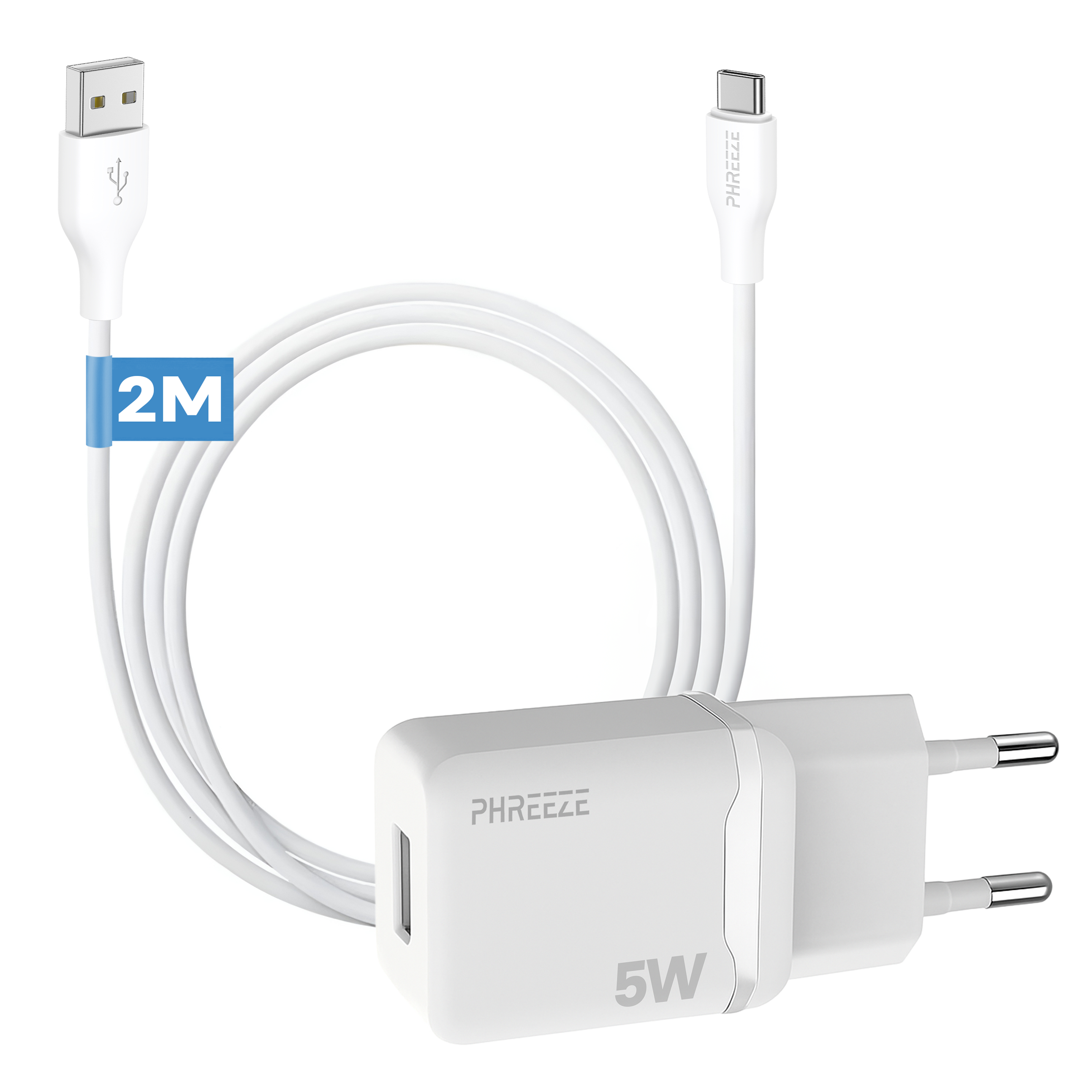 Witte oplader met USB- en Type-C-kabels, 2M lang. Oplader heeft 'PHREEE' en '5W' labels.