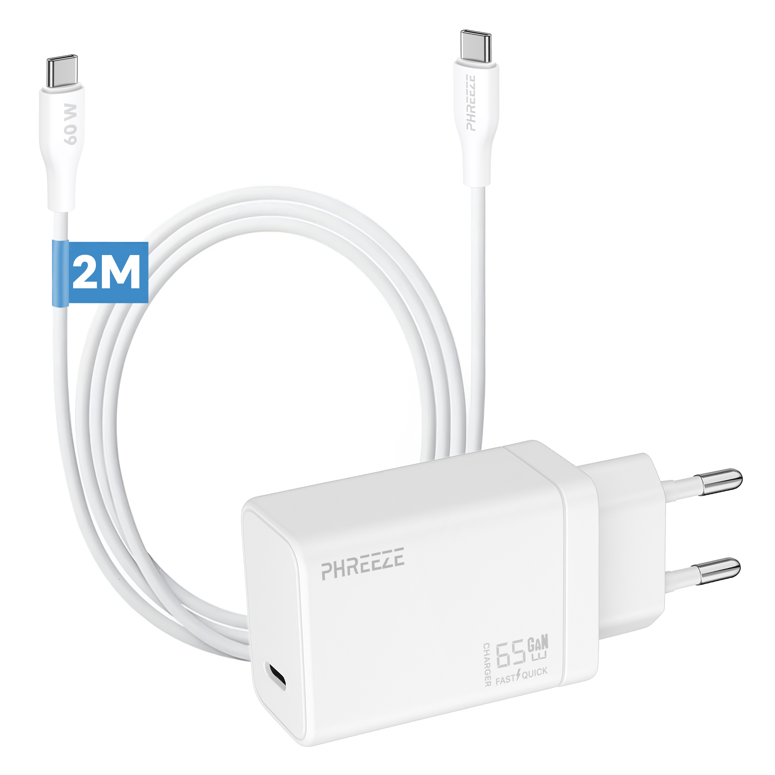Witte oplader met een kabel en een voedingsadapter. De kabel heeft een blauw 2M-label.