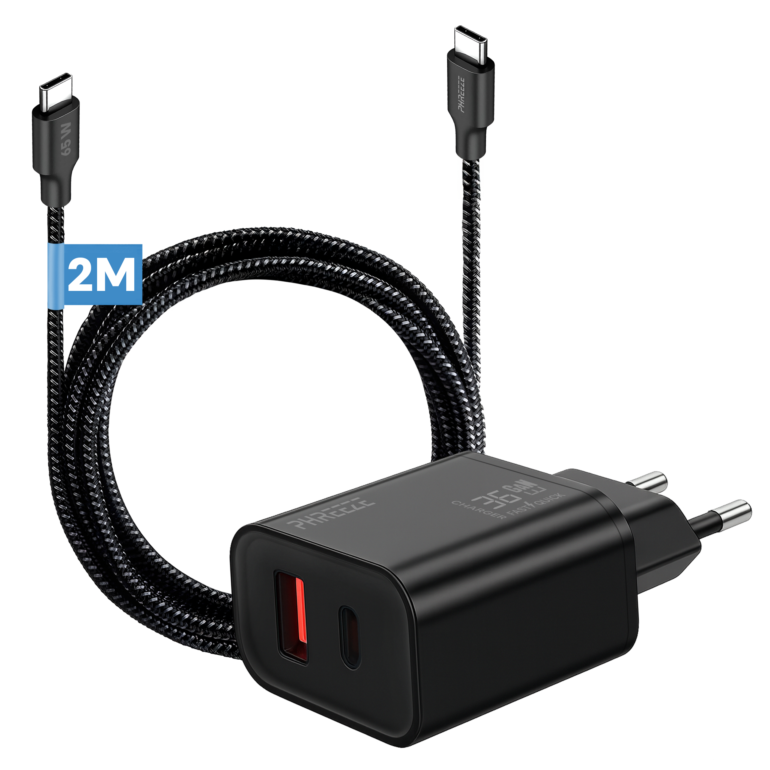 A black charger with a USB-C cable. It has a 2M cable. The charger shows the brand name PHREEEZE.