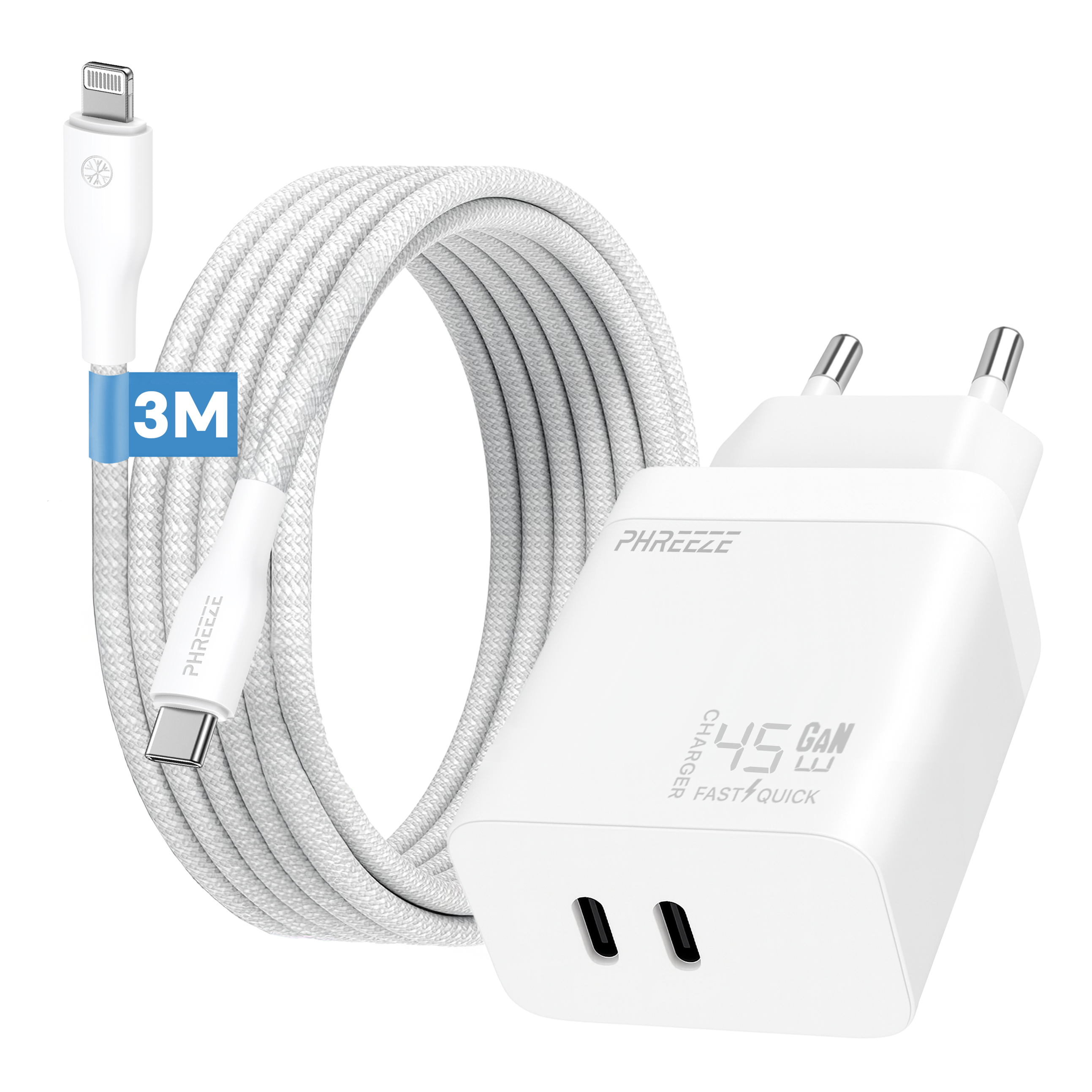 Een witte oplader en kabel worden getoond. De kabel is gevlochten en opgerold. De oplader heeft twee pinnen en twee oplaadpoorten.
