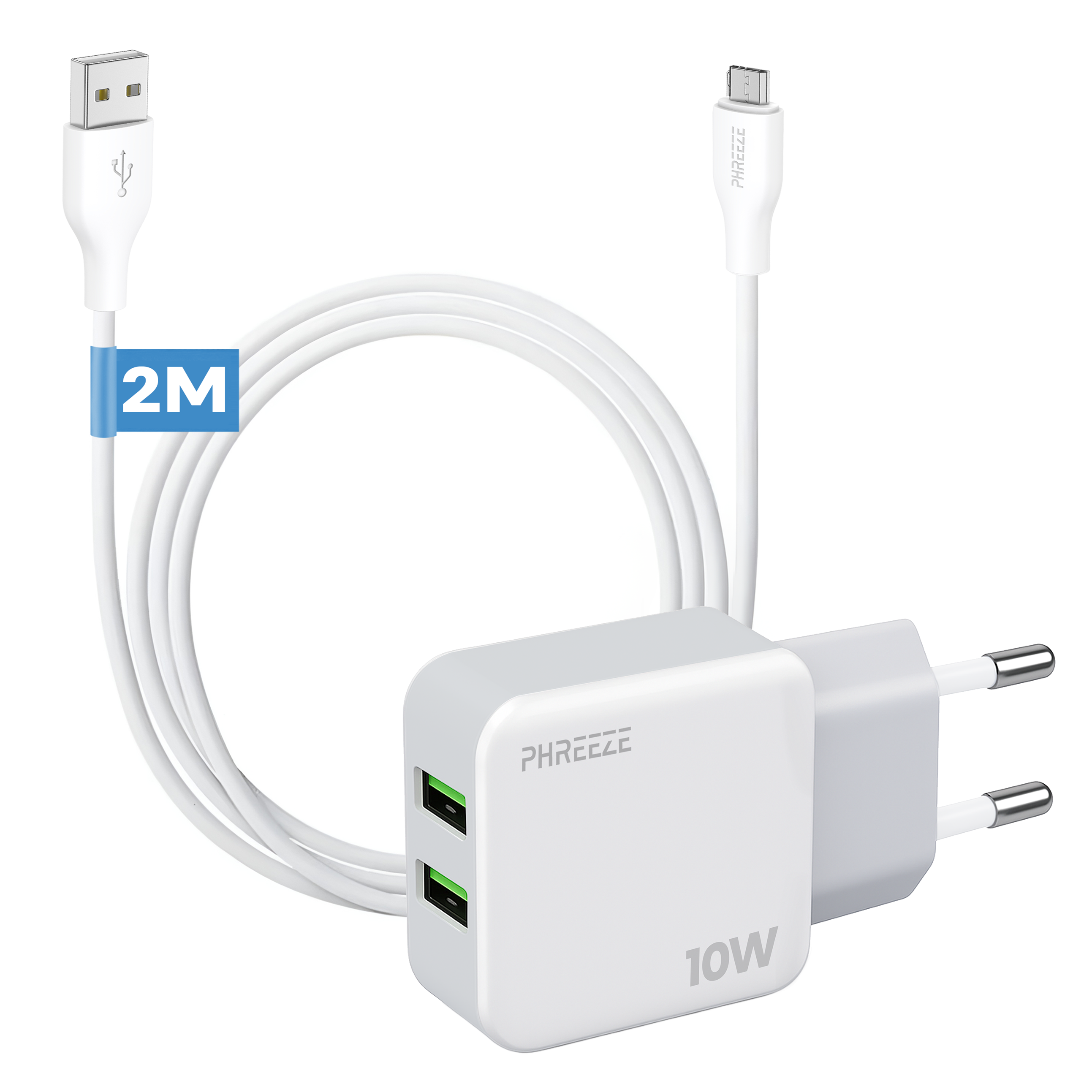Witte oplader en kabel. Oplader heeft twee groene USB-poorten. Kabel is 2M lang. De oplader is gemerkt met 'PHREEEZE'.