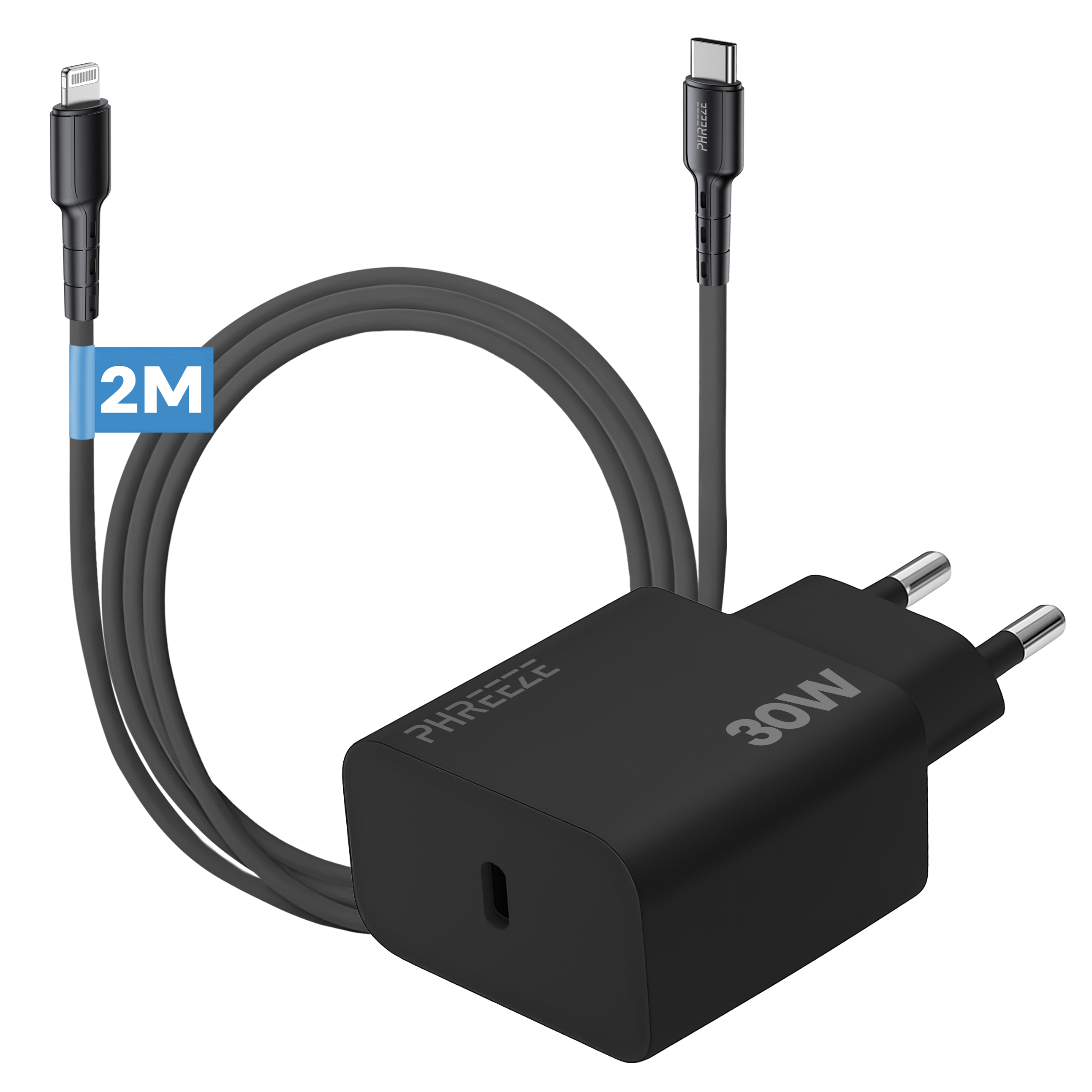 Zwarte oplader met donkergrijze kabel. Lightning- en USB-C-connectoren. Oplader met 30W label.