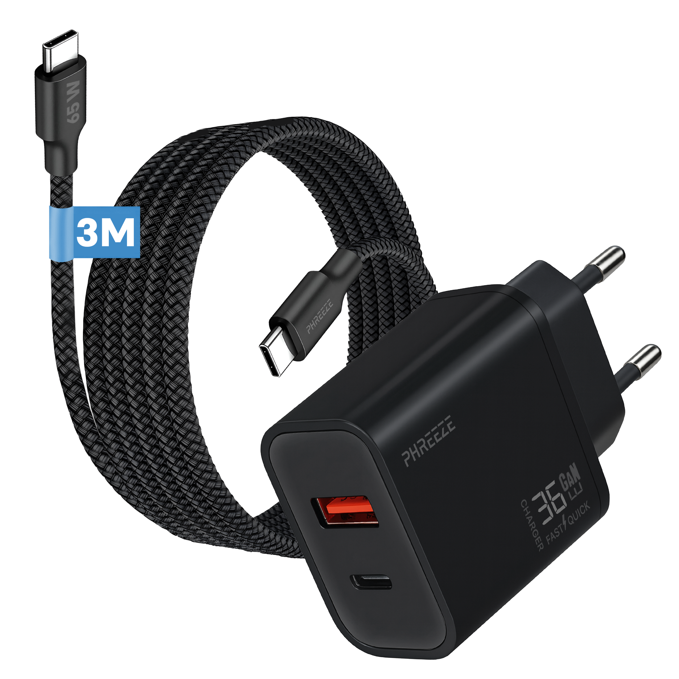 Black charger with red USB port, a braided cable and plug. The cable is labeled 3M and 65W.