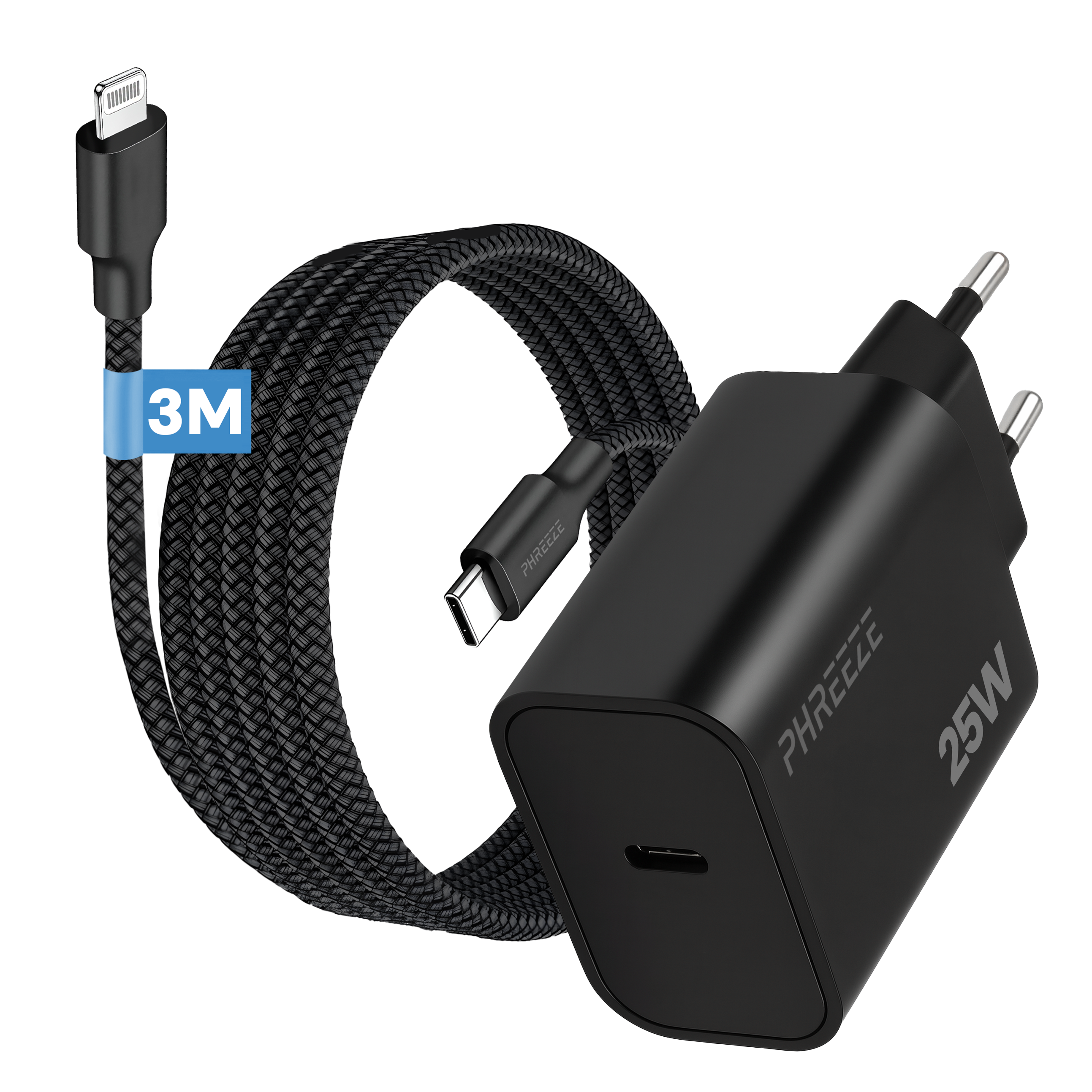 Zwarte oplader met kabel, 3M, Lightning-connector en USB-C-poort, 25W, witte achtergrond.