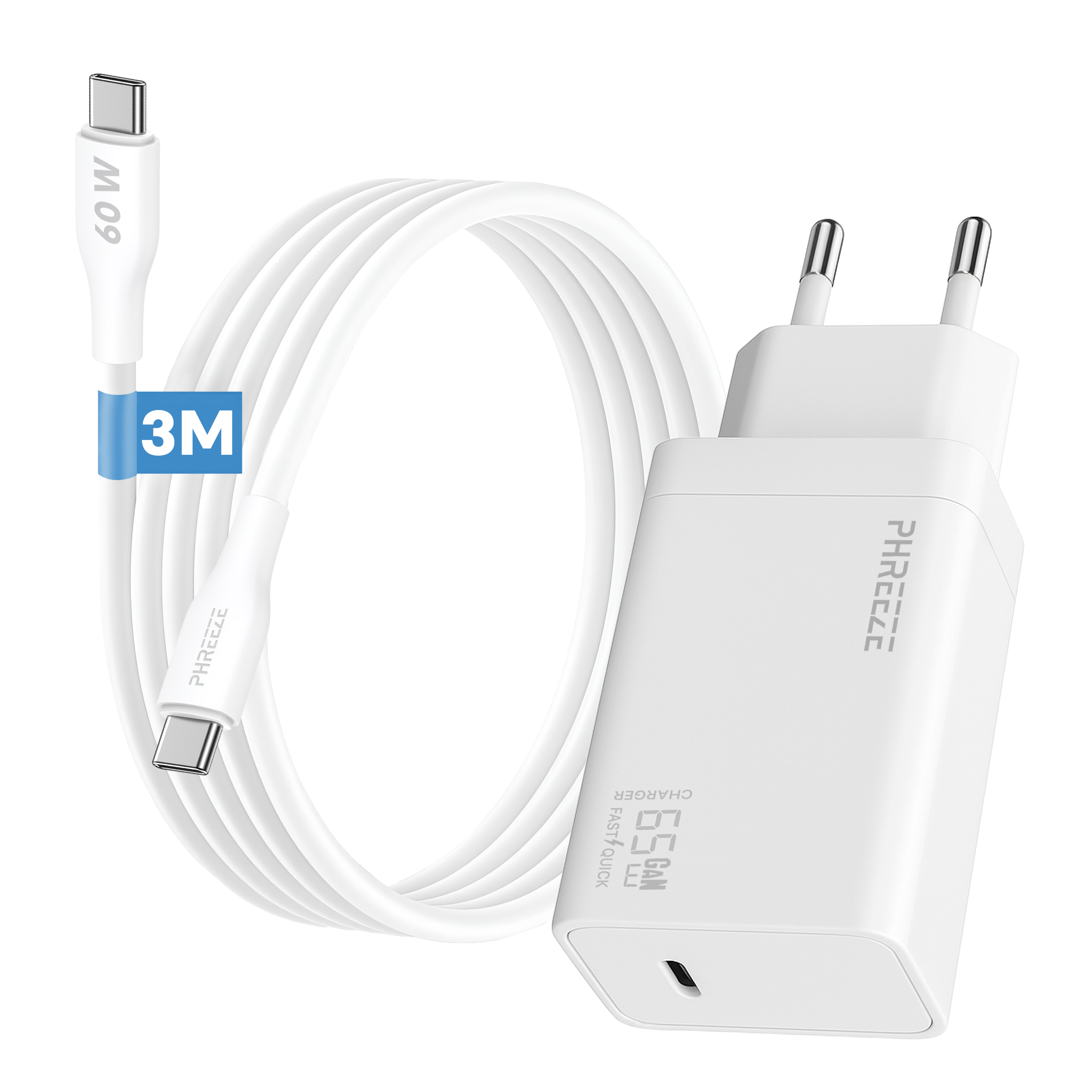 Een witte oplader en kabels. De kabel heeft een Type-C connector, en de lader is 65W.