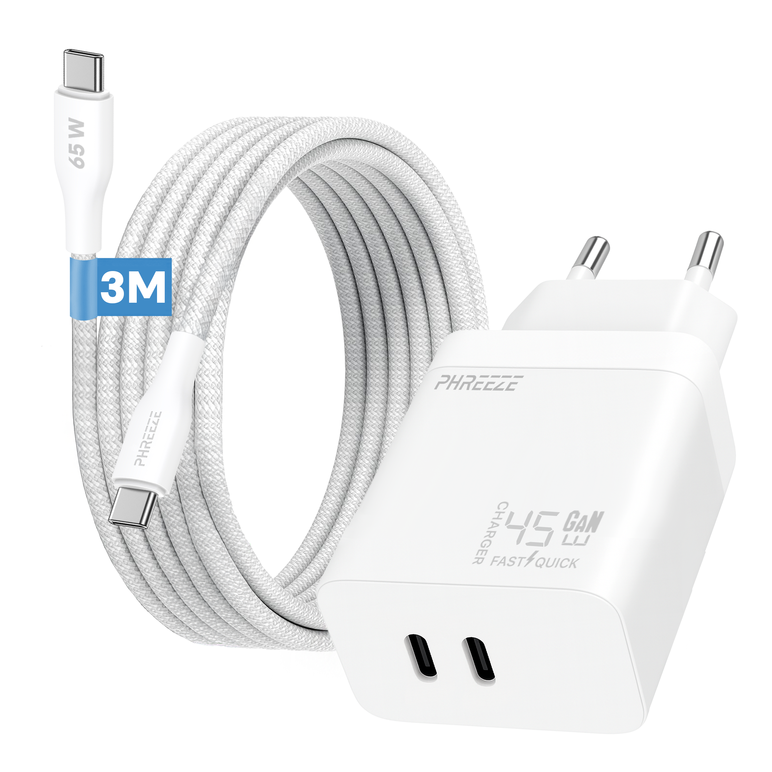 A white charger with a white cable. The cable has a blue label saying 3M. The charger says '45W GAN FAST/QUICK'.