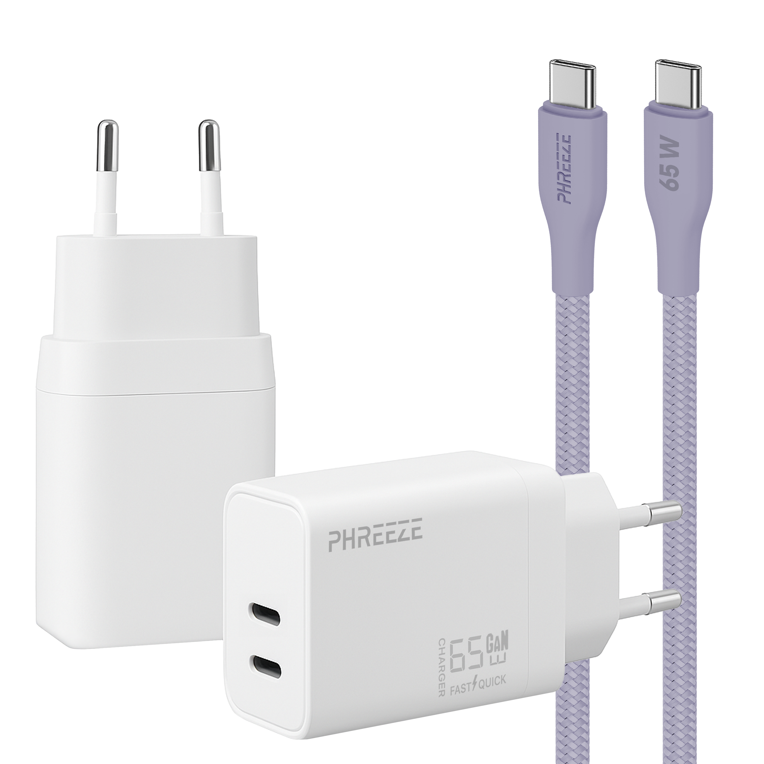 Een witte telefoonlader met kabel en adapter. De kabel is paars en heeft een gevlochten patroon.