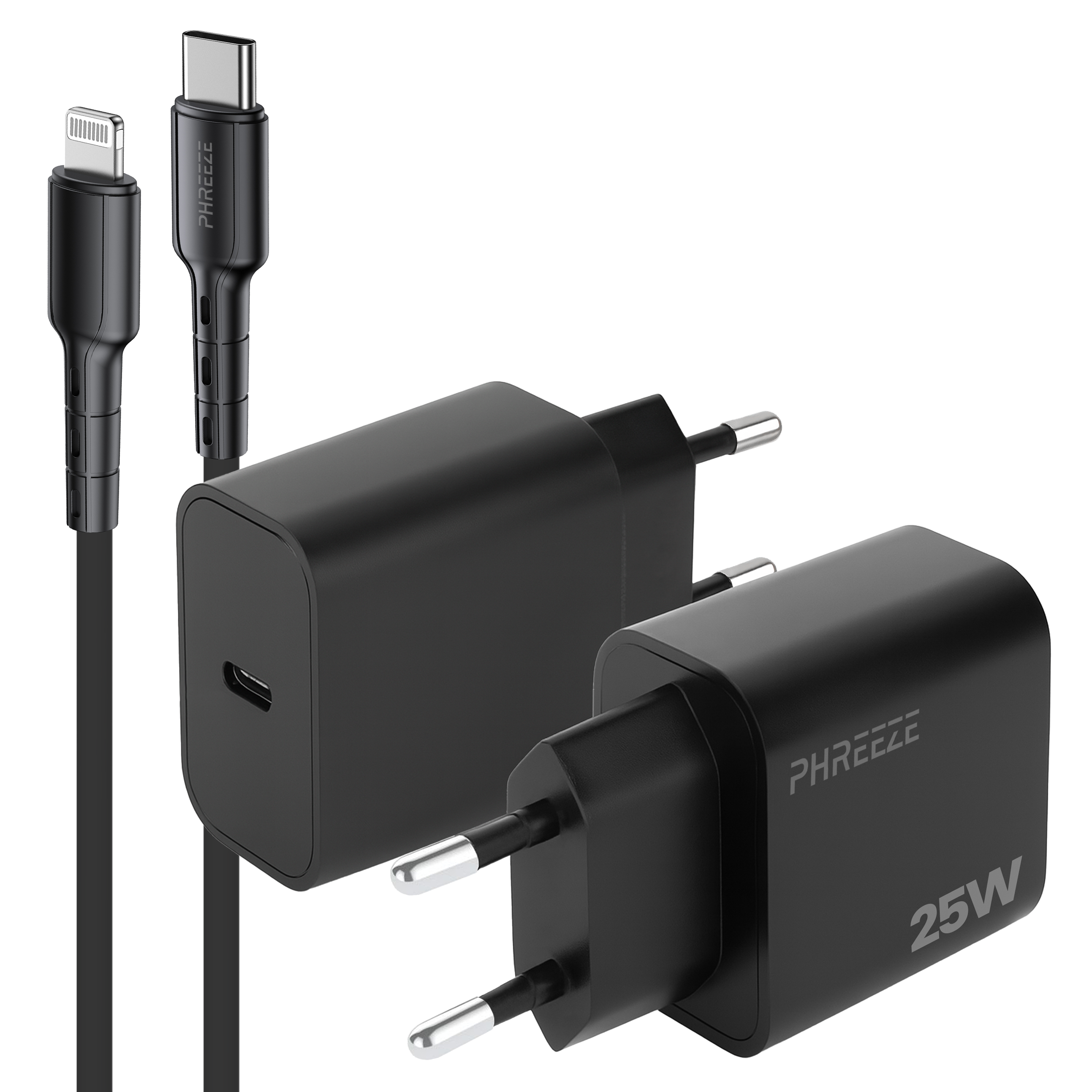 Zwarte opladers en kabels: twee stekkers en twee kabels, één Lightning, één USB-C. Productlabel zichtbaar.