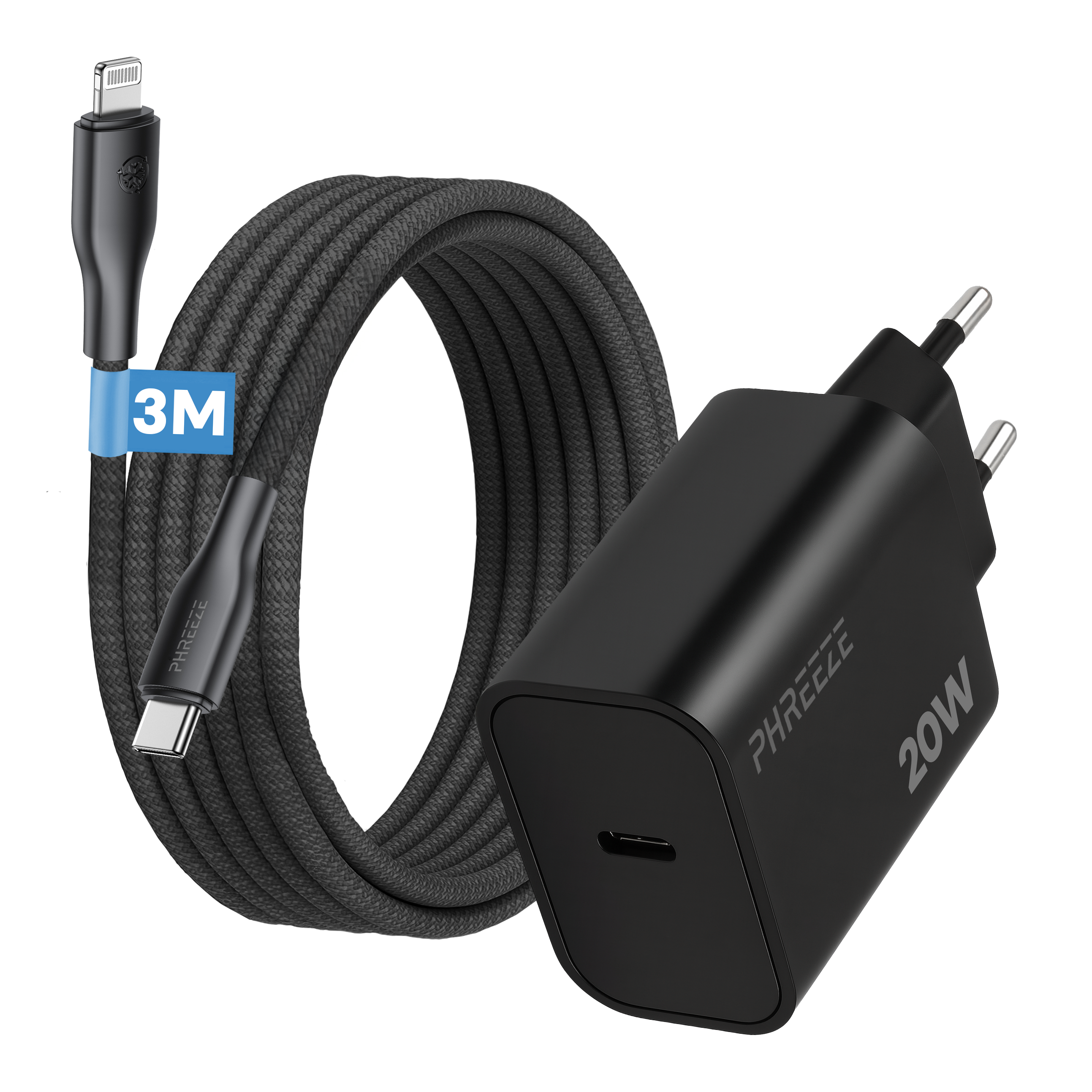 Zwarte oplader met een kabel van 3M. Inclusief USB-C en Lightning connector.