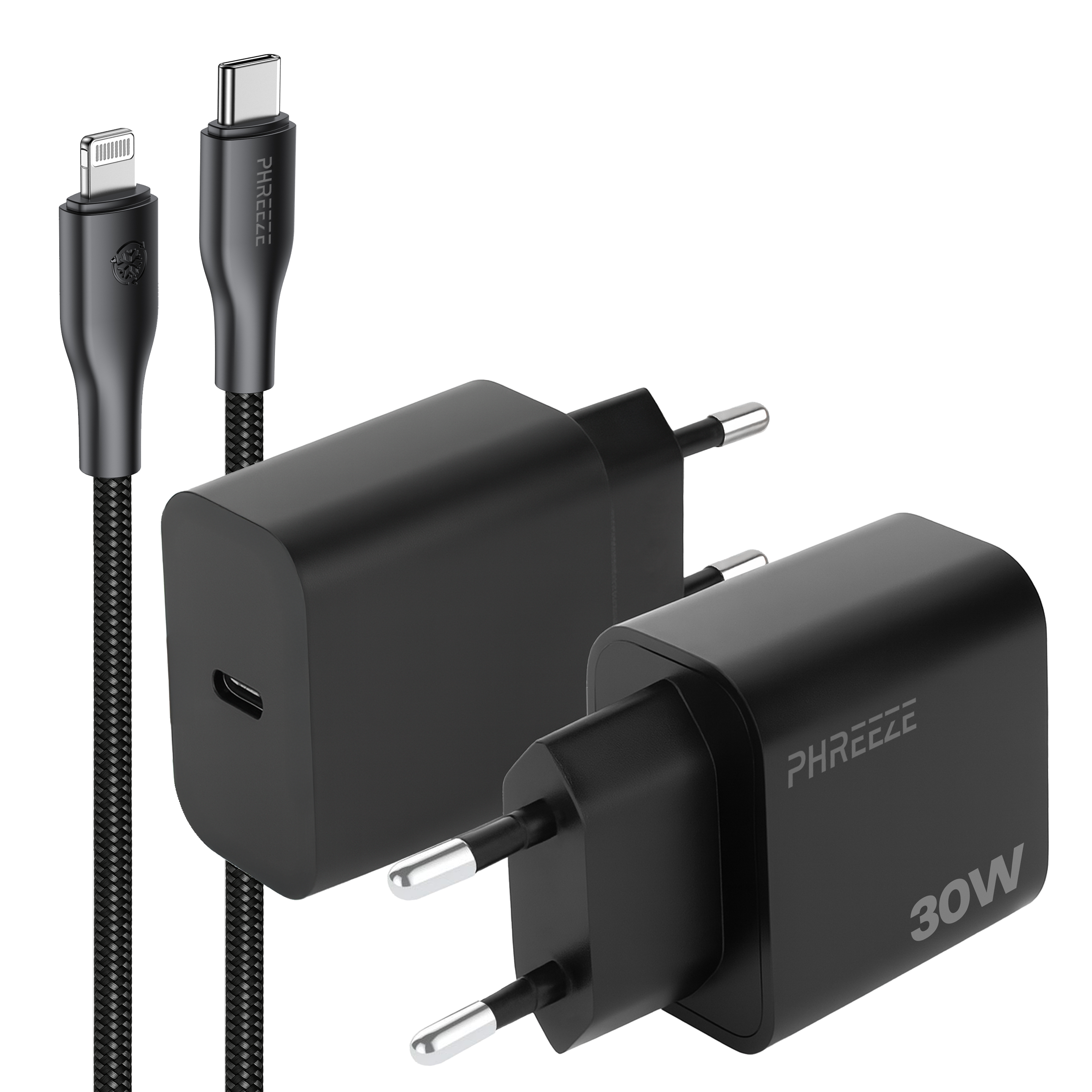 Afbeelding toont twee zwarte opladers met kabels. Eén oplader heeft een USB-C-poort, de andere pinnen. Kabels zijn zwart.